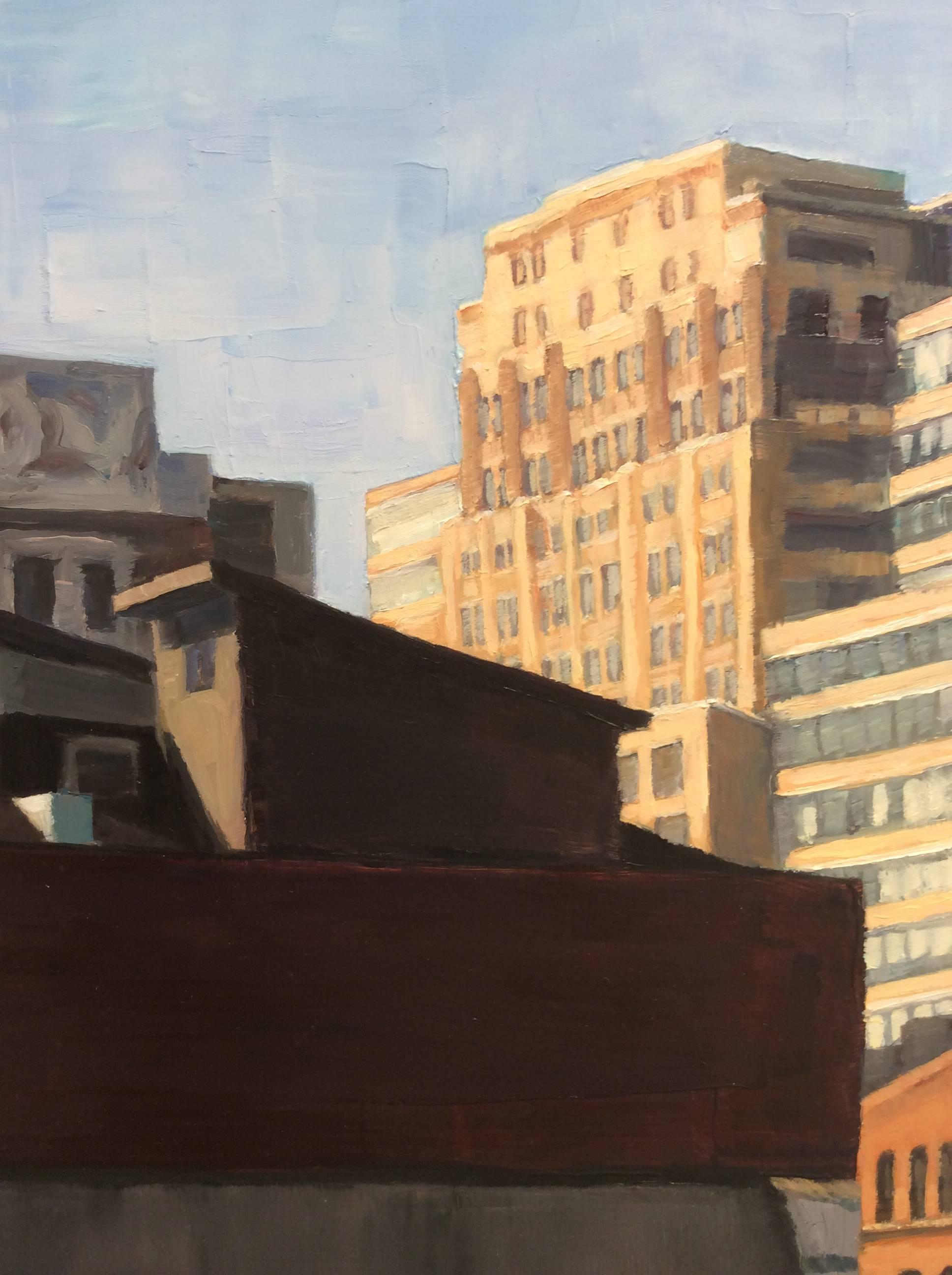 Lado de la ciudad (Pintura al óleo de paisaje urbano moderno de tejados de Brooklyn) - Landscape Painting Negro de Patty Neal
