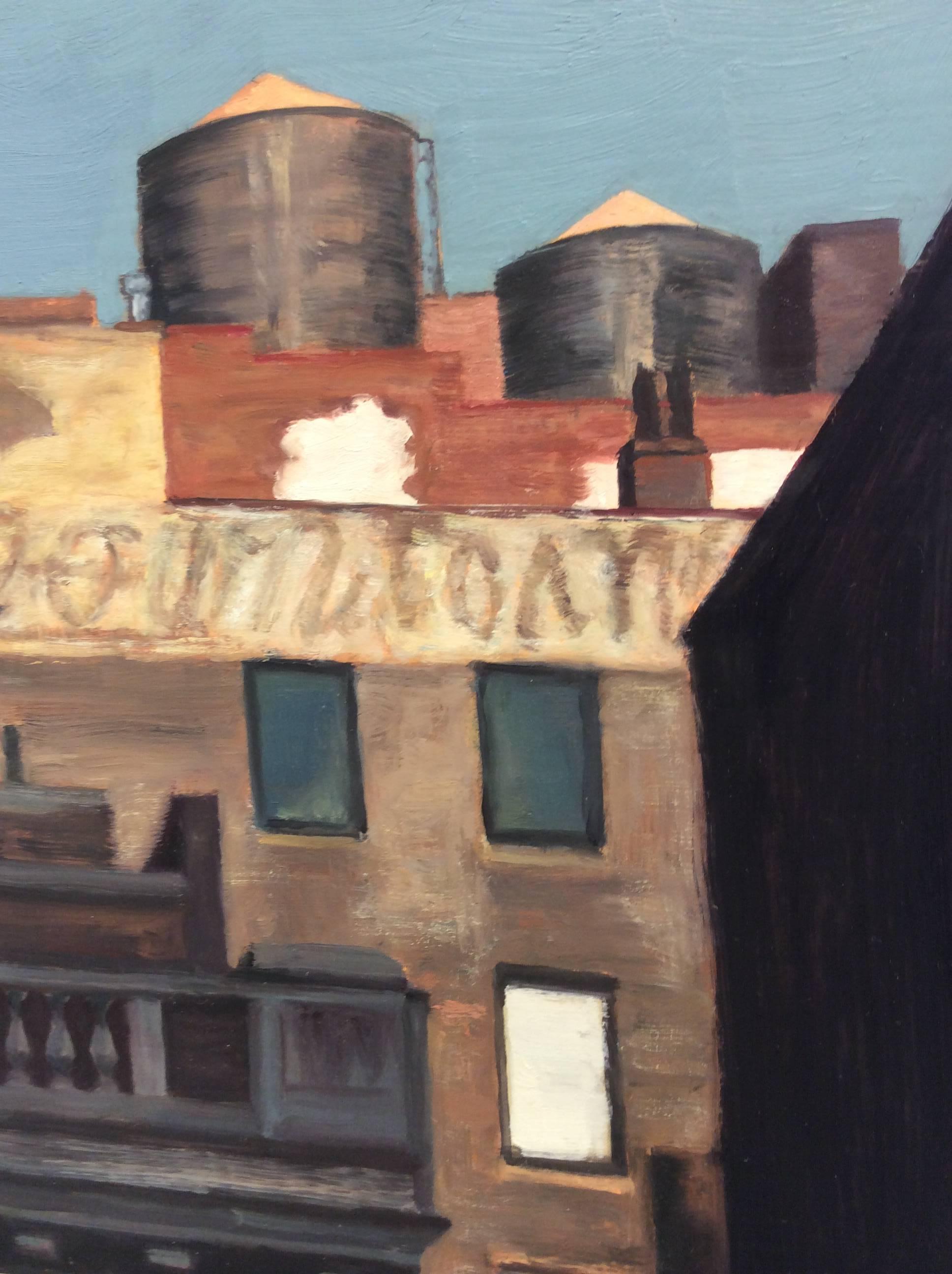 City Sight (Modern Cityscape Oil Painting of Brooklyn Building and Water Towers) - Black Landscape Painting by Patty Neal