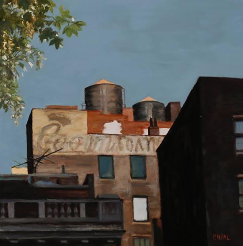 Patty Neal Landscape Painting - City Sight (Modern Cityscape Oil Painting of Brooklyn Building and Water Towers)