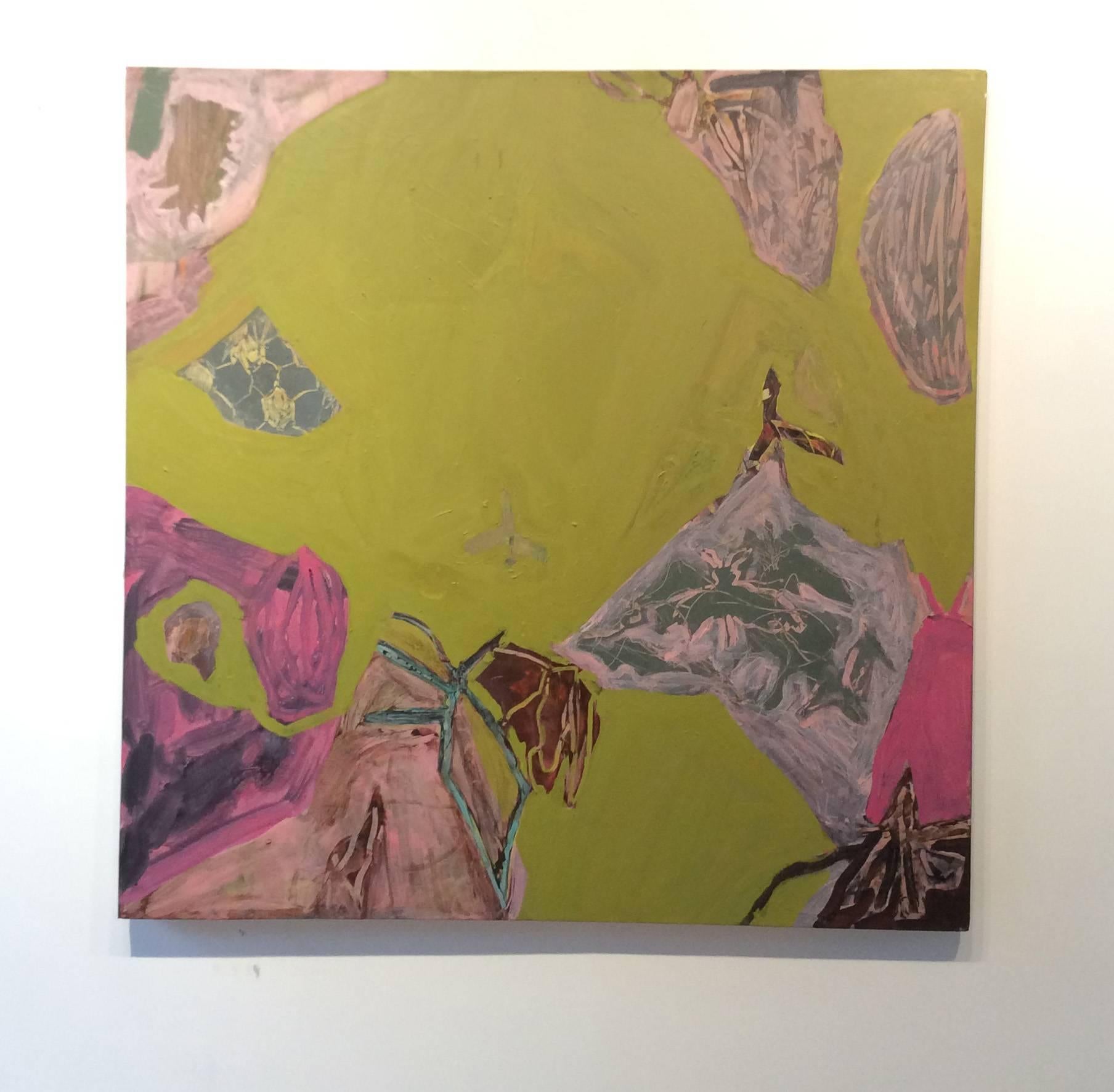 Metamorphosis (peinture carrée abstraite verte et rose sur toile) - Painting de Anne Francey