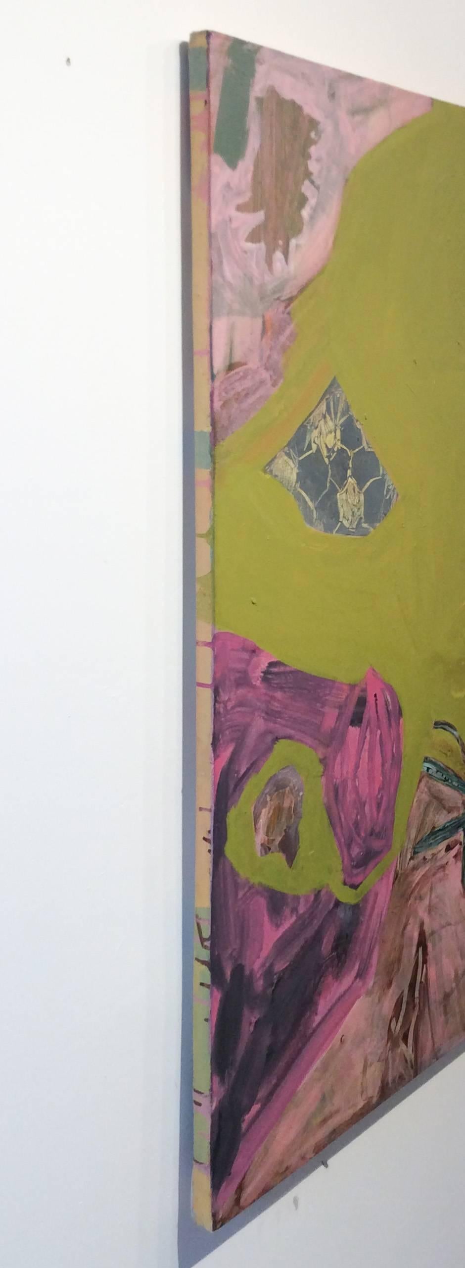 Metamorphosis (peinture carrée abstraite verte et rose sur toile) - Marron Abstract Painting par Anne Francey