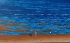 Scena di spiaggia con cane (dipinto panoramico a olio con oceano blu e cane)