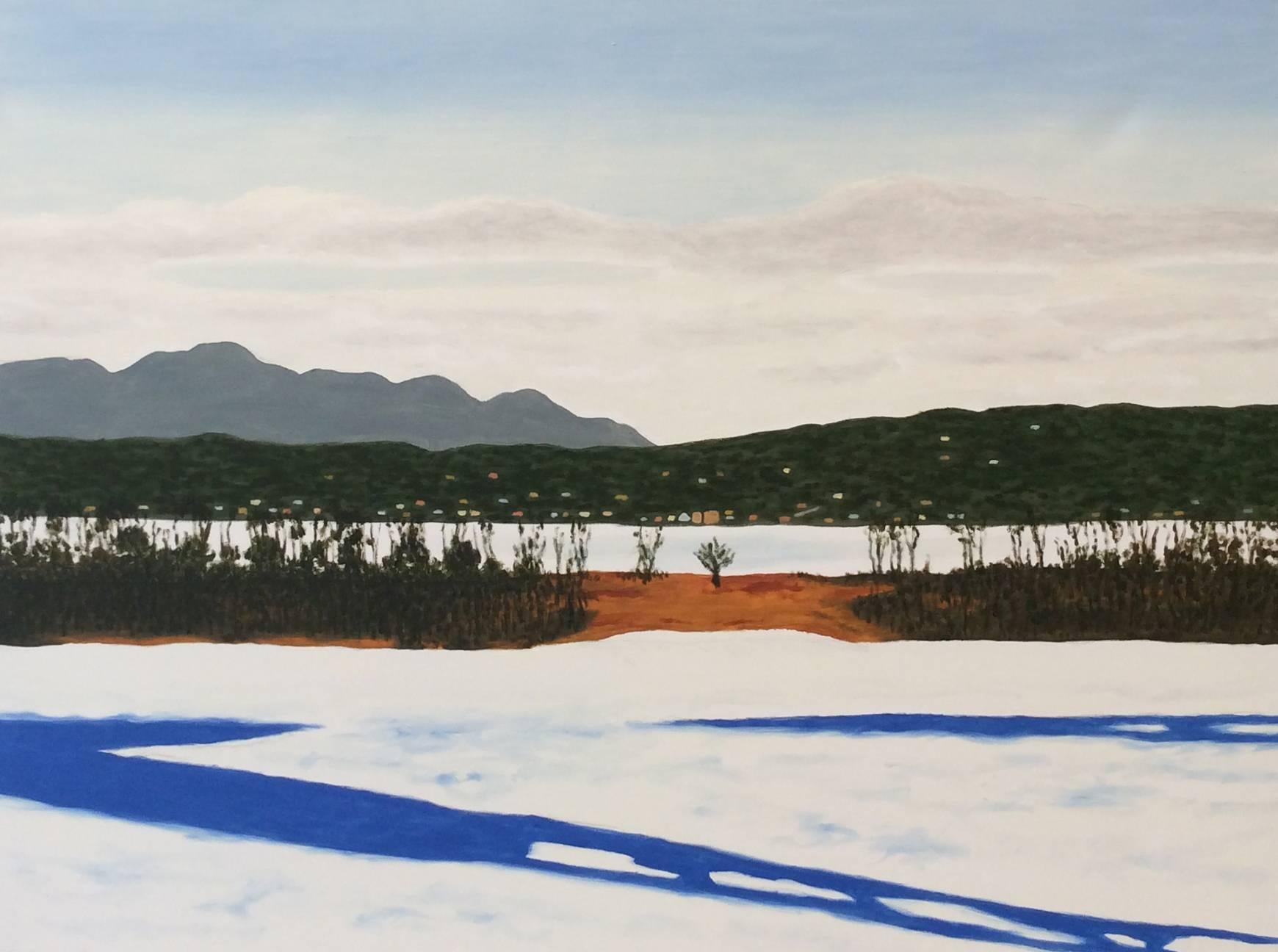Athens from Hudson in Winter (Winter Landscape Oil Painting on Canvas)