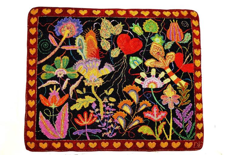Dale Payson - Hearts (Hand- Hooked Rug Ottoman with Original Floral ...