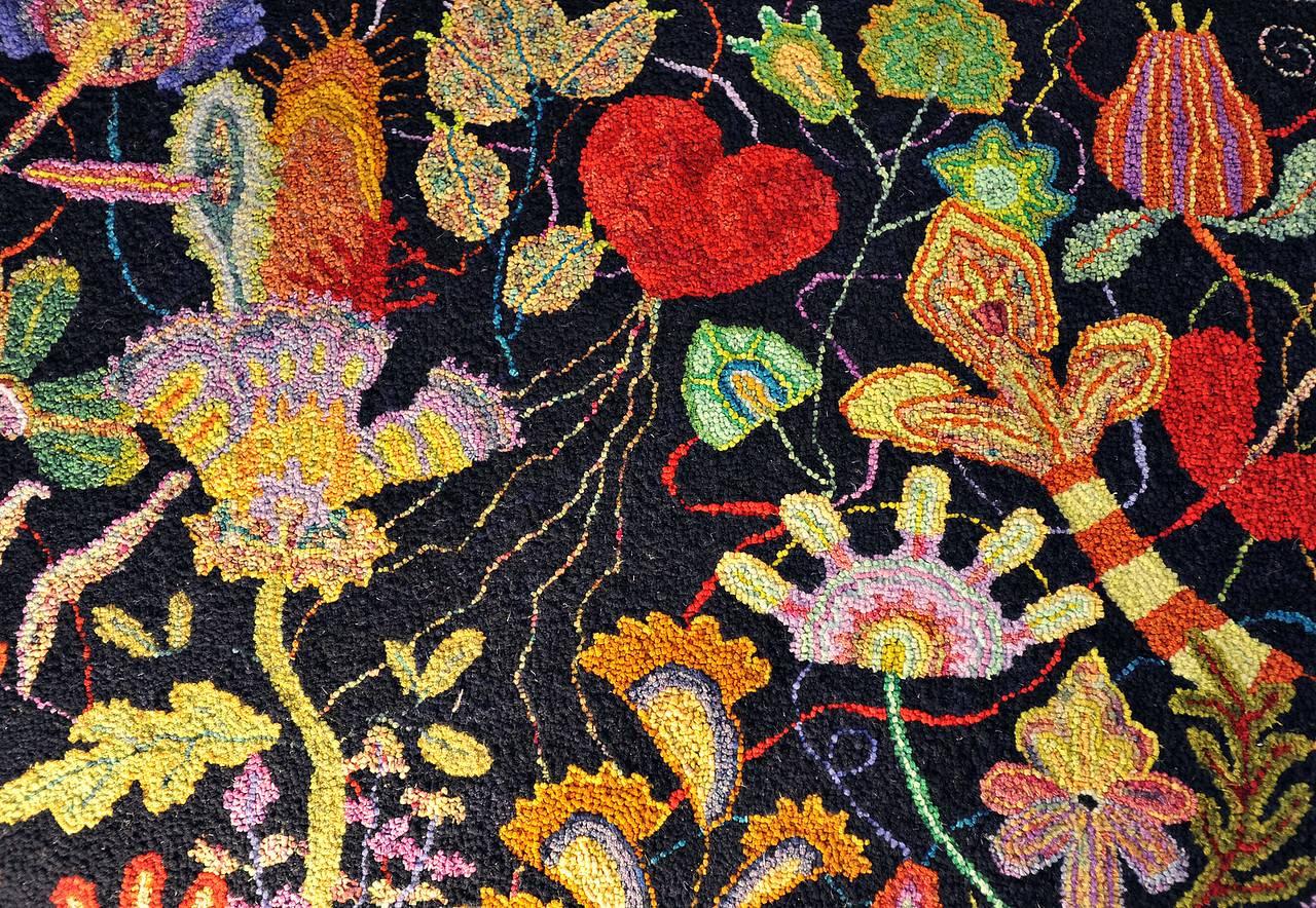 Hearts (Hand- Hooked Rug Ottoman with Original Floral motif, functional art) - Folk Art Mixed Media Art by Dale Payson