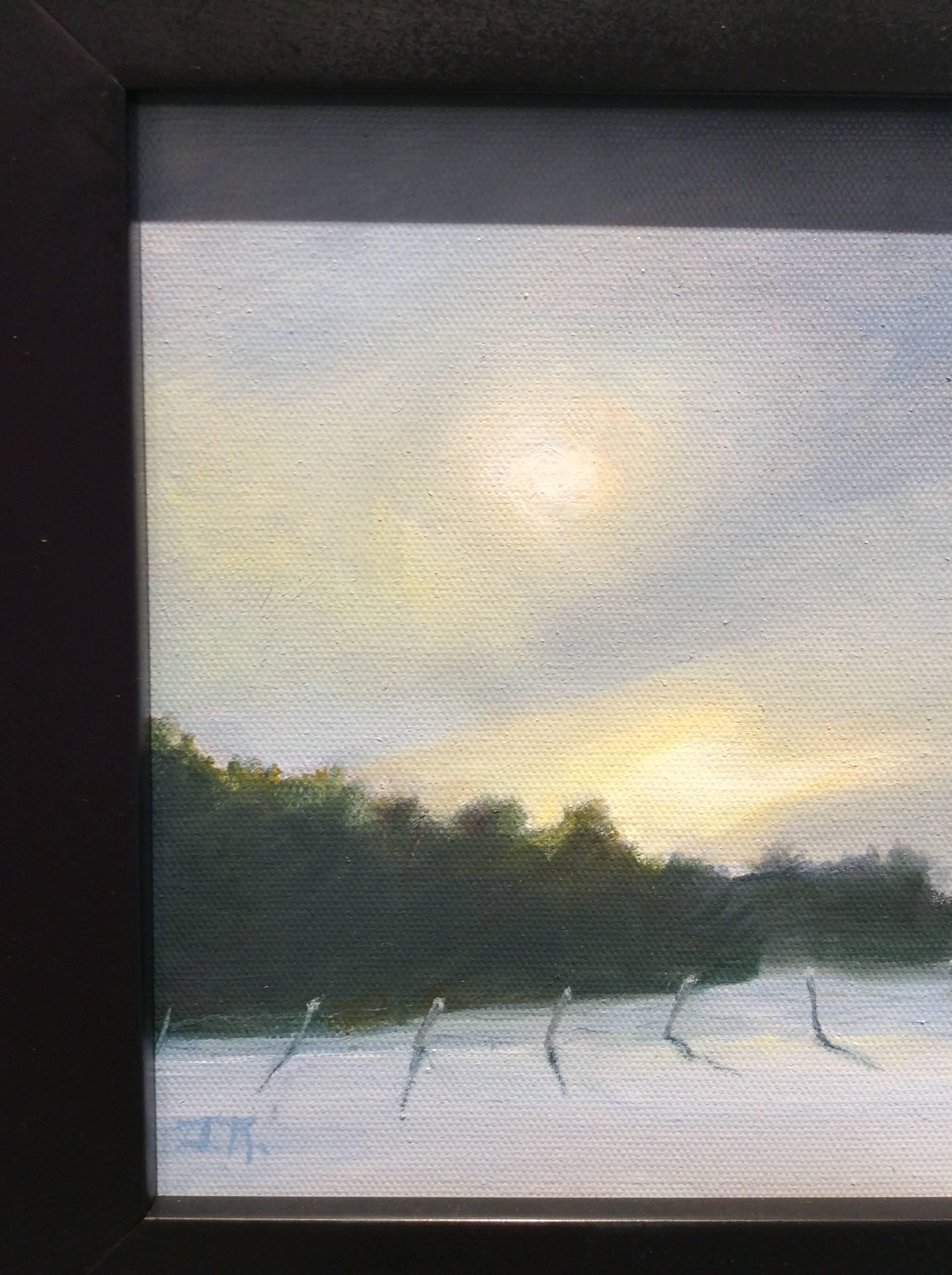 Soft Light (Landscape Oil Painting Yellow, Grey, & Blue Country Winter Scene) - Black Landscape Painting by Judy Reynolds