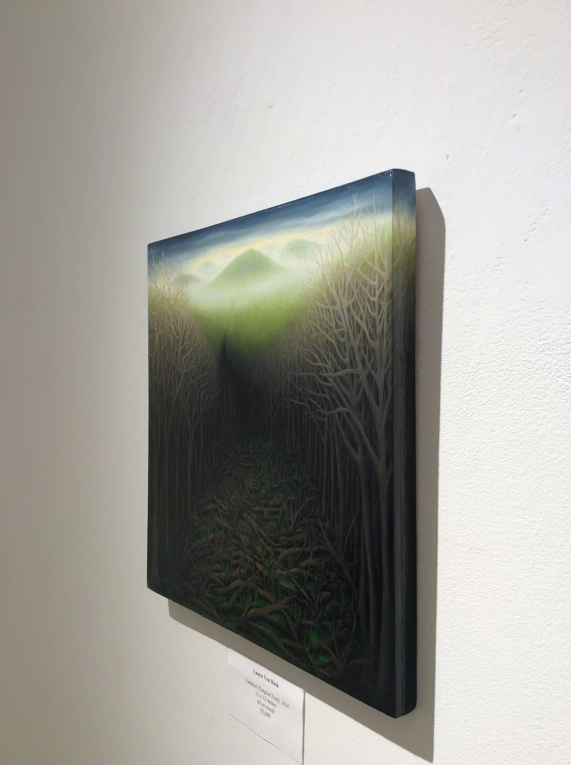 12 x 12 inches
oil on wood panel
$2,000

This contemporary, small landscape oil painting on wood panel beautifully captures a dense forest scene of tall brown leafless trees and round green mountaintops in the background. The artist represents