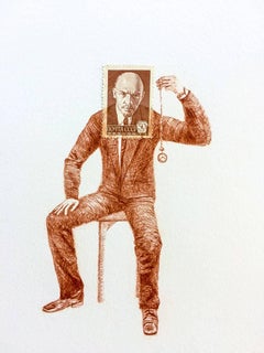 Used USSR, The Hypnotist: Detailed Colored Pencil Figurative Drawing & Unique Stamp