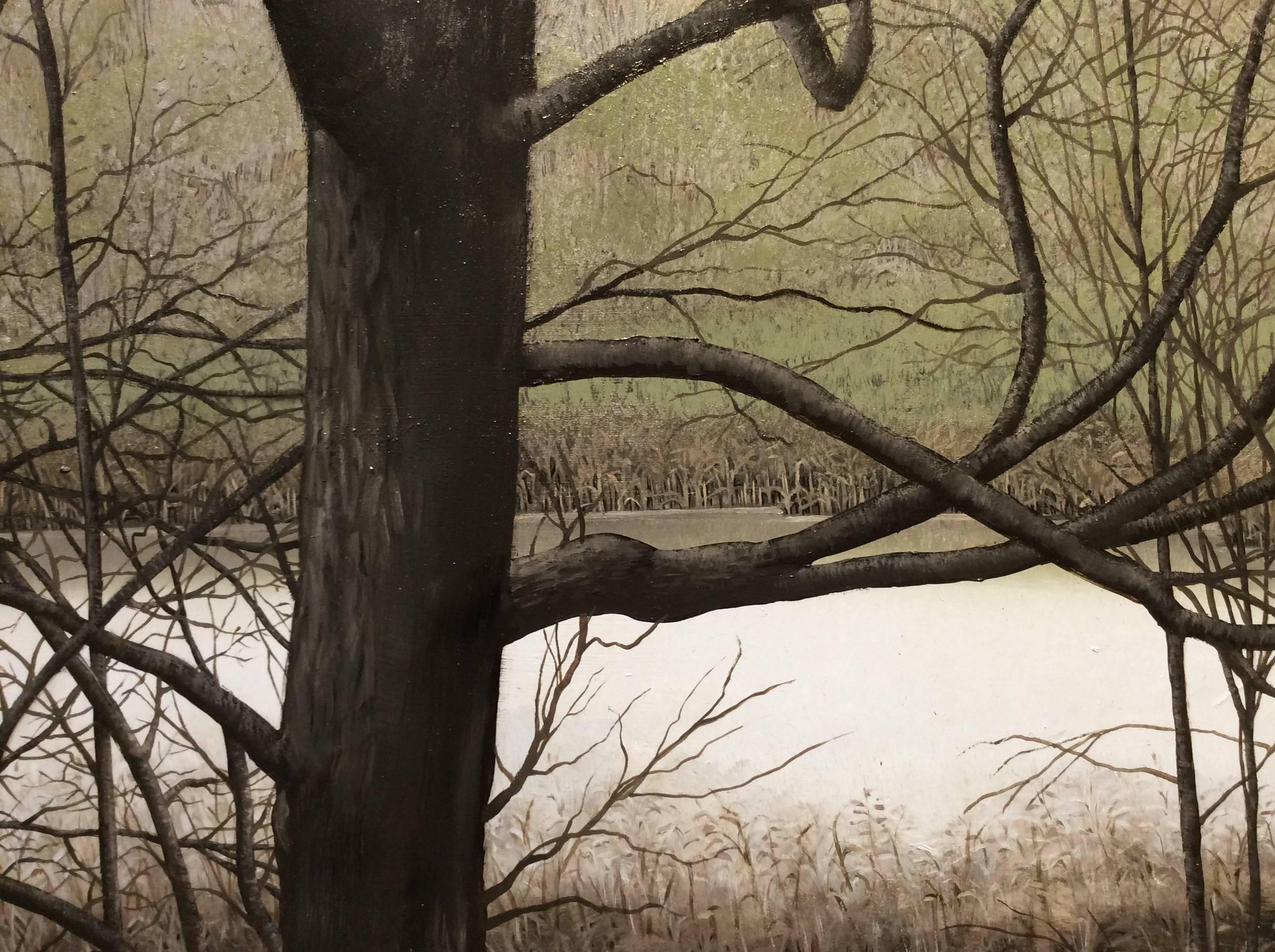 Gesture Waves Us On (peinture à l'huile sur panneau de paysage réaliste représentant un champ vert) 2