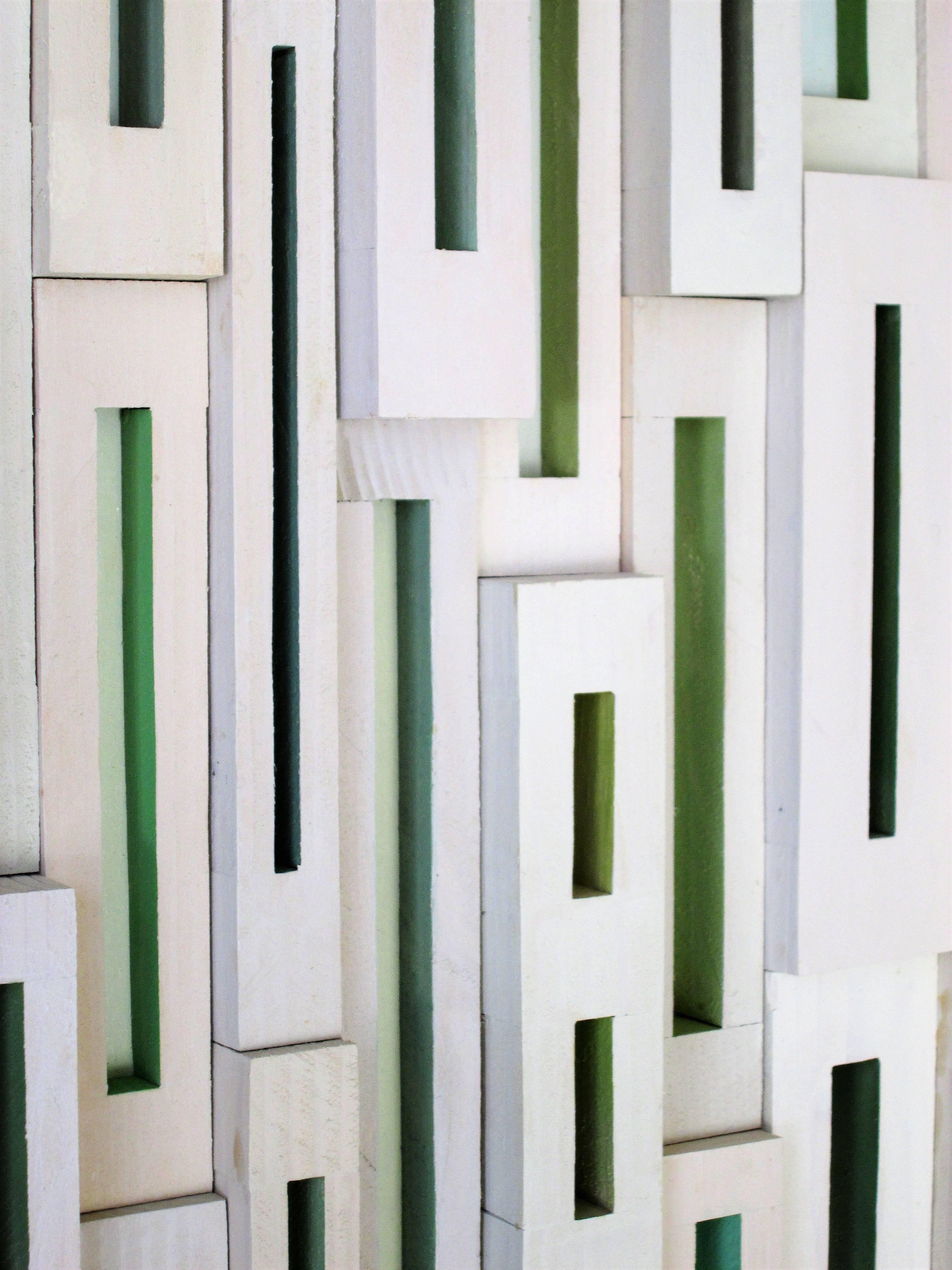 Glimpses (Abstract Mid-Century Modern 3-D Wall Sculpture in Green & White) 1