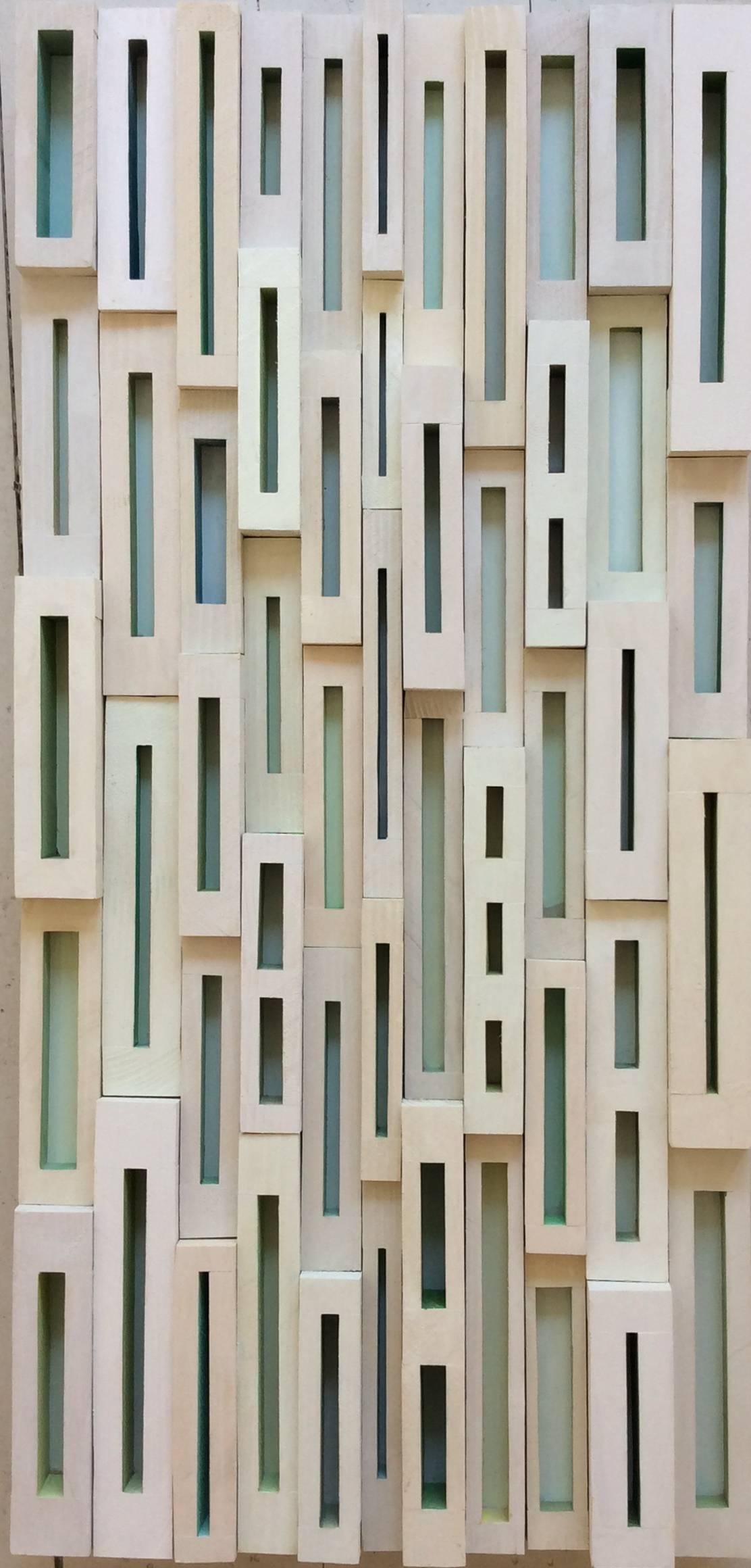Stephen Walling Abstract Sculpture - Glimpses (Abstract Mid-Century Modern 3-D Wall Sculpture in Green & White)