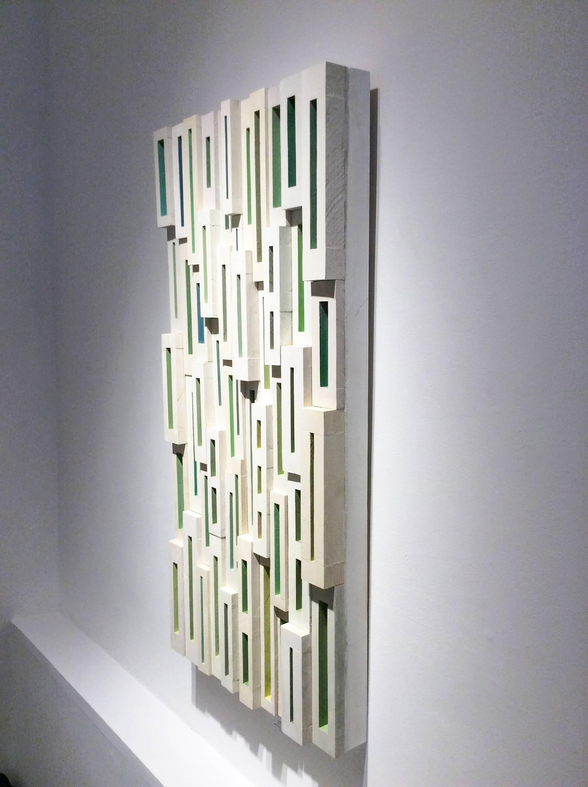 Glimpses (Abstract Mid-Century Modern 3-D Wall Sculpture in Green & White) - Brown Abstract Sculpture by Stephen Walling