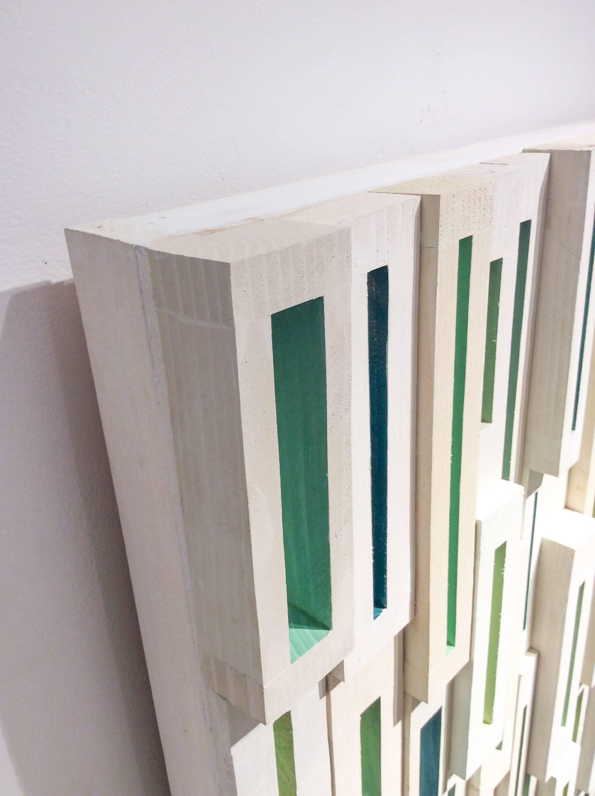 Glimpses (Abstract Mid-Century Modern 3-D Wall Sculpture in Green & White) 3