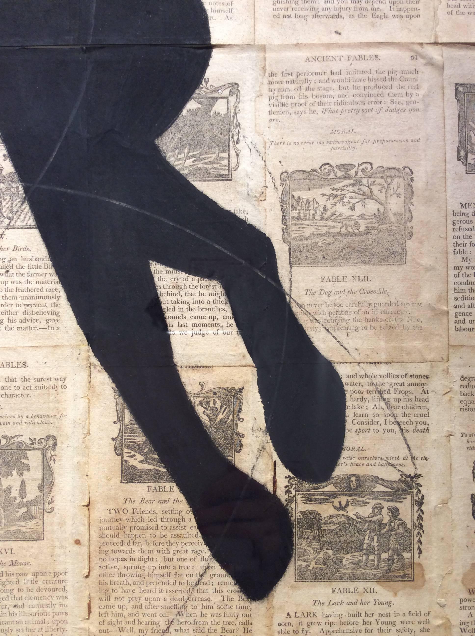 Anciennes fables originales et modernes avec des hares (Collage gris avec craie et papier) - Contemporain Art par Louise Laplante