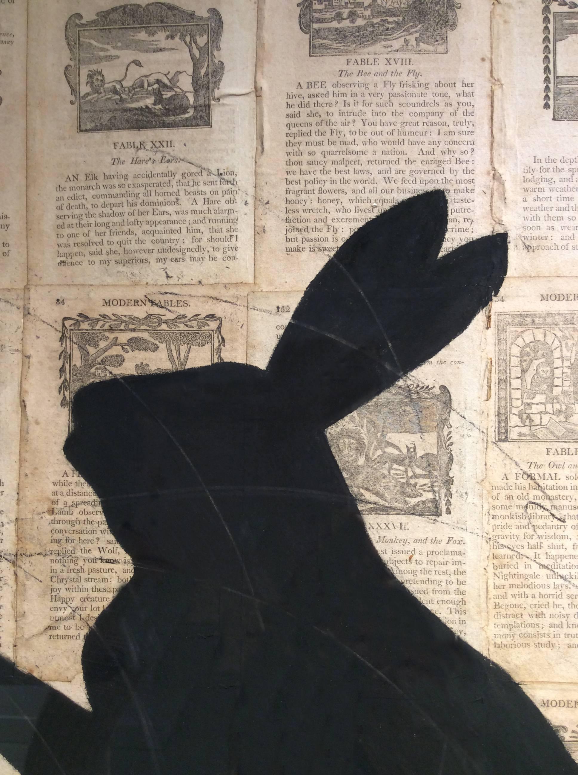 Anciennes fables originales et modernes avec des hares (Collage gris avec craie et papier) - Beige Animal Art par Louise Laplante