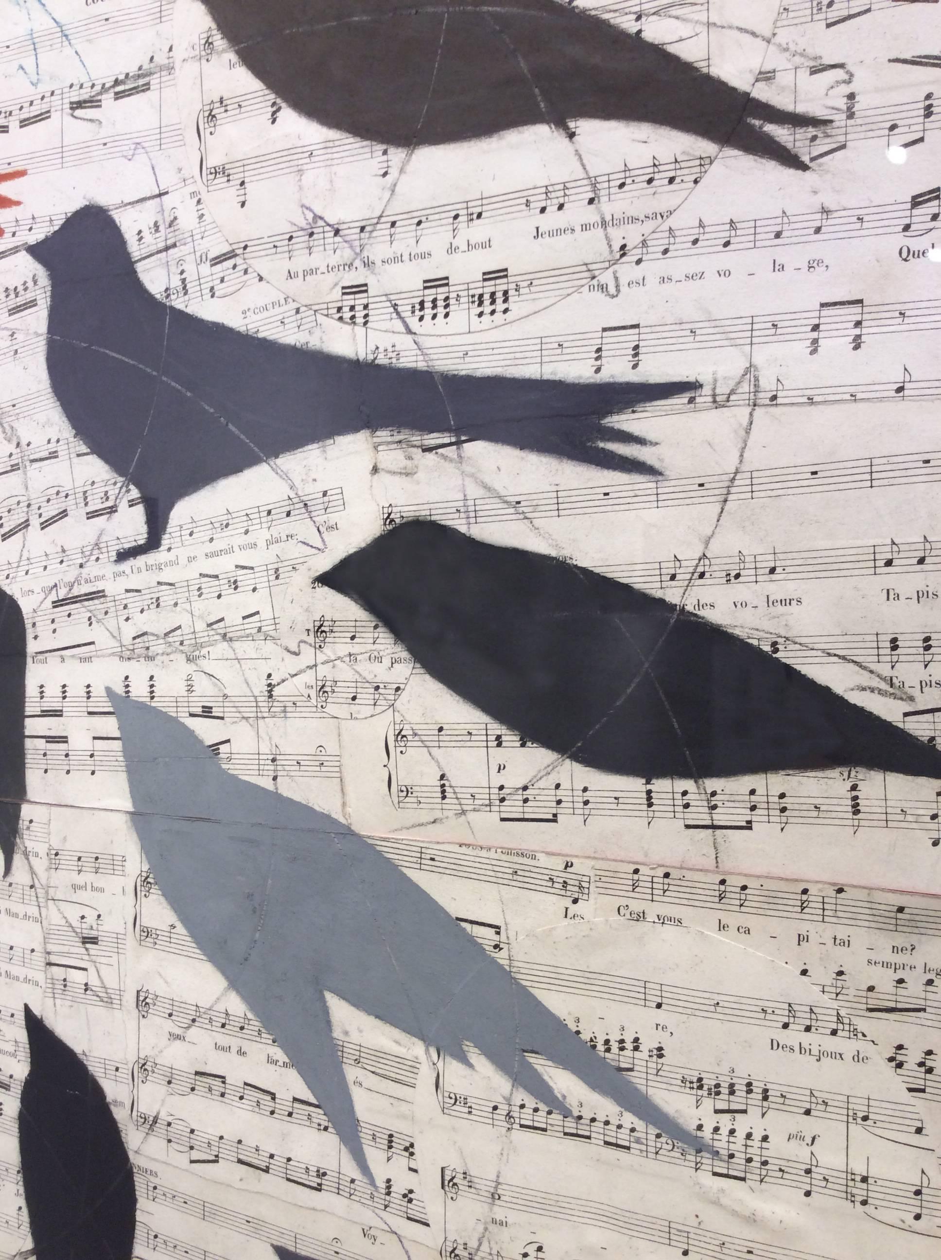 Chorus (Large Vertical Drawing on Paper of Blue, Red, & Black Birds, Framed) - Contemporary Mixed Media Art by Louise Laplante