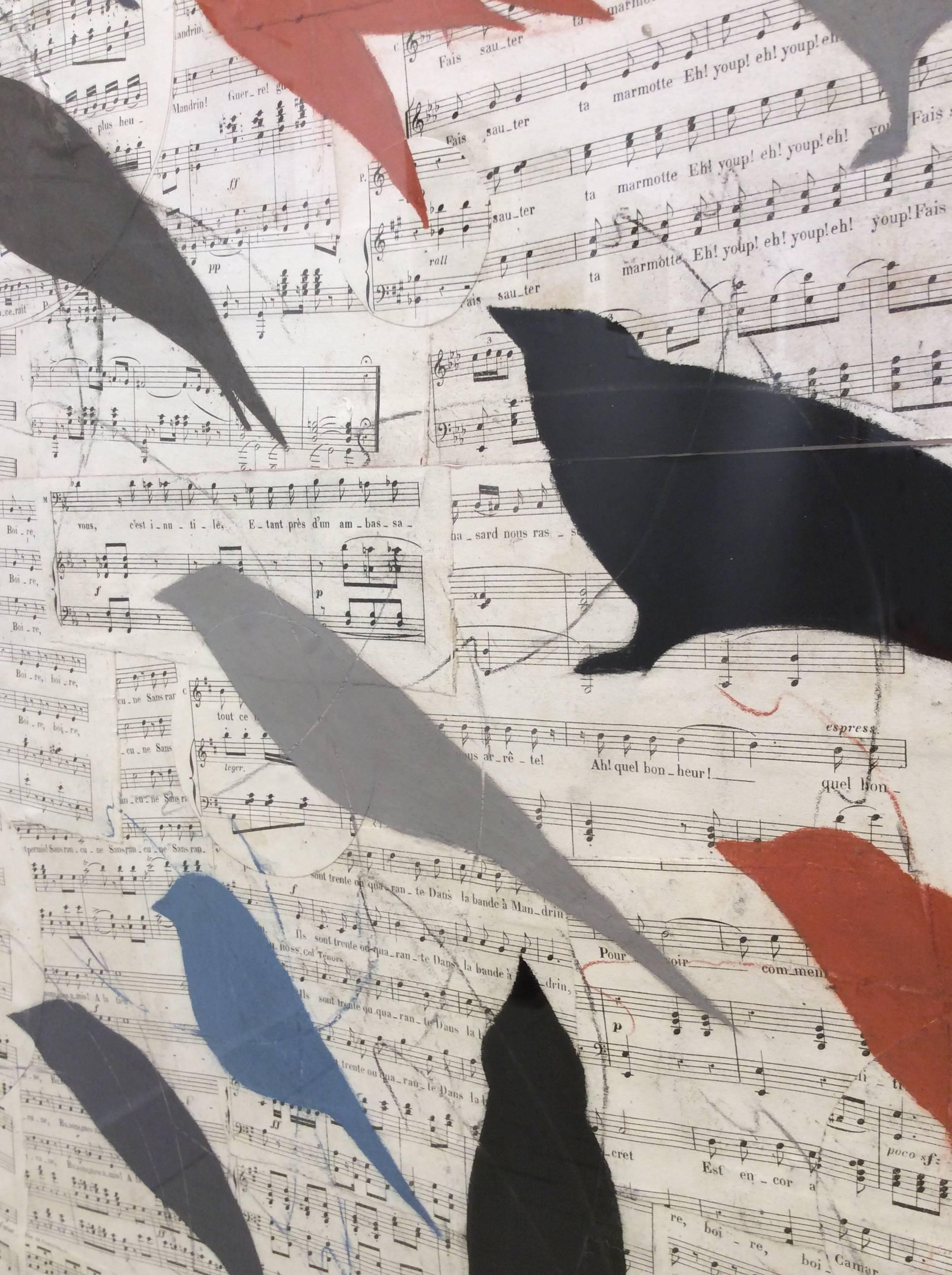 Large vertical chalk on paper drawing of blue, red, grey and black birds
chalk on four vintage collaged music sheets
Artwork measures 78 x 25 inches,
83.5 x 30 inches framed, deckle edge paper is floated in natural wood moulding with glass. 

This