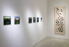 Chorus (Large Vertical Drawing on Paper of Blue, Red, & Black Birds, Framed)