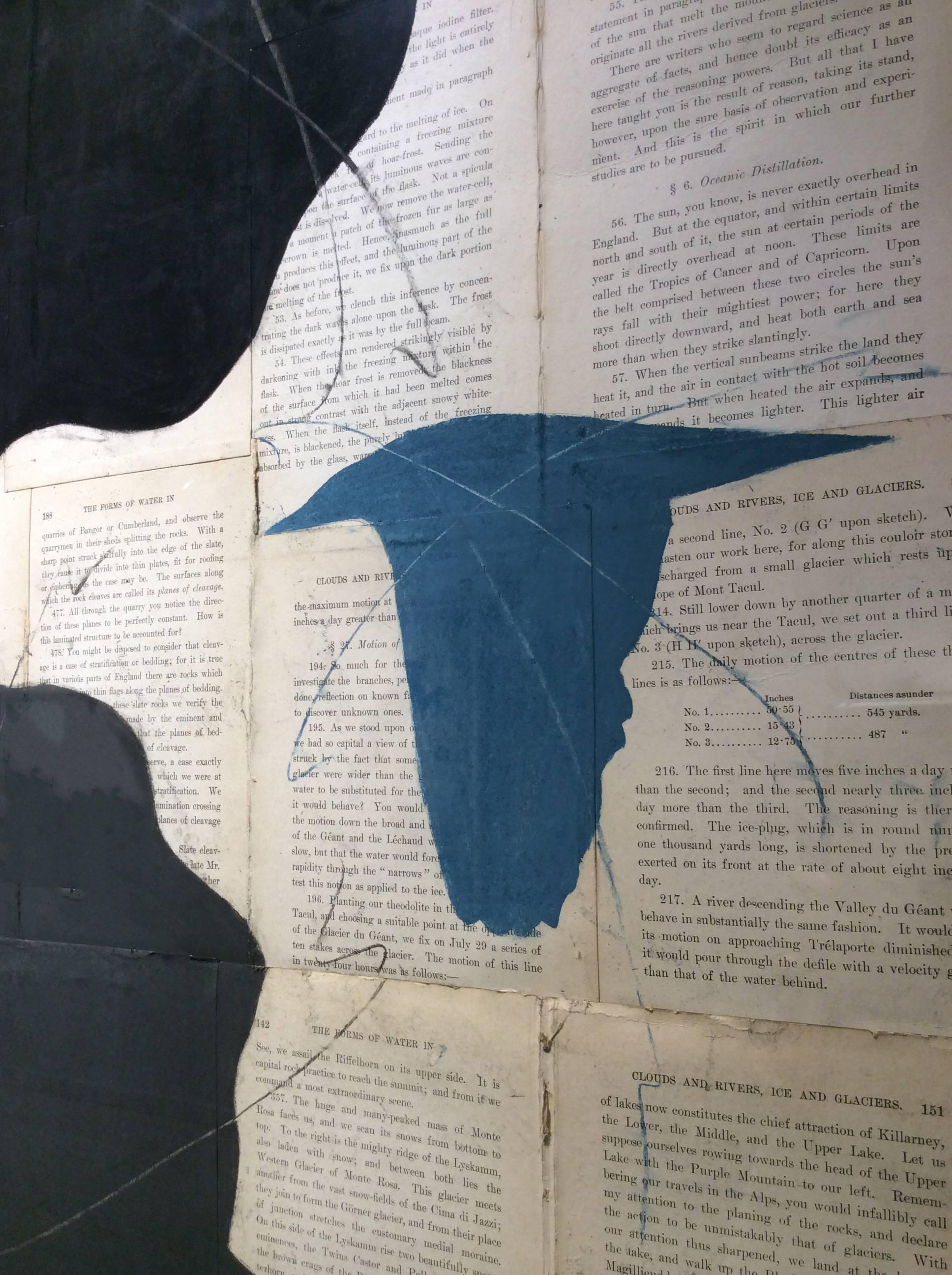 chalk on vintage collaged book pages.
Artwork measures 72 x 31.5 inches,
76.5 x 35.5 inches framed, deckle edge paper is floated in natural wood moulding with glass. 
This work on paper is being offered by Carrie Haddad Gallery, located in Hudson,
