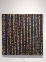 Wallpaper (Modern Mixed Media Black Encaustic Painting with Brown Seeds on Wood)
