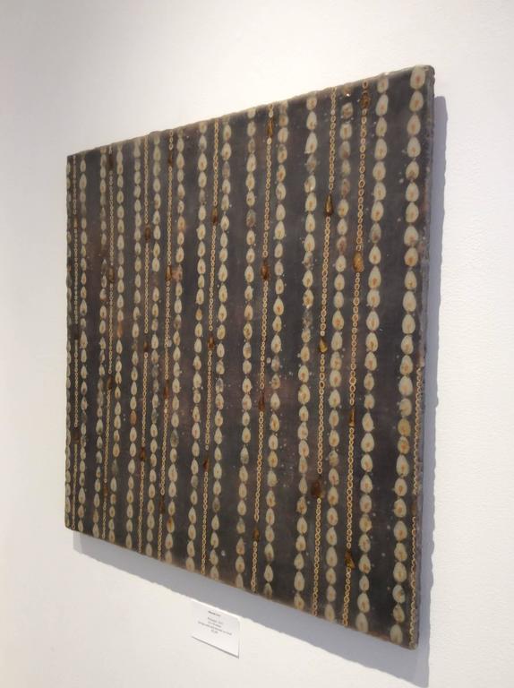 Wallpaper (Modern Mixed Media Black Encaustic Painting with Brown Seeds on Wood) For Sale 1