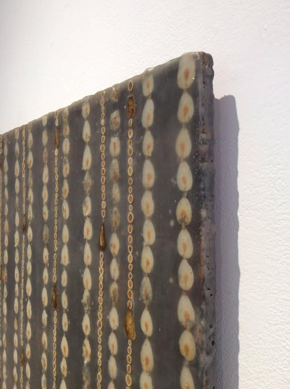 Wallpaper (Modern Mixed Media Black Encaustic Painting with Brown Seeds on Wood) For Sale 2