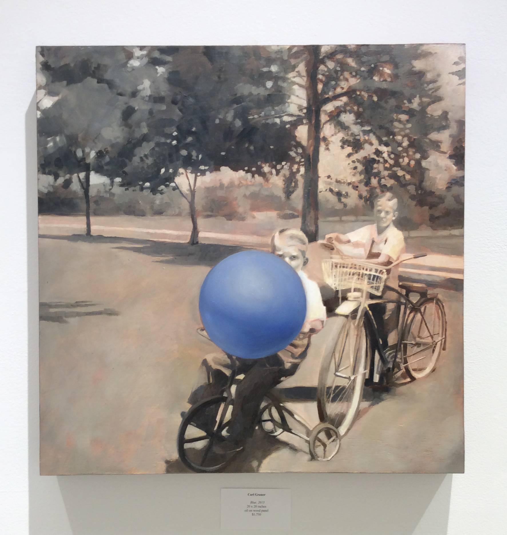 Peinture à l'huile figurative aux tons sépia représentant des garçons sur des vélos avec une boule bleue - Painting de Carl Grauer