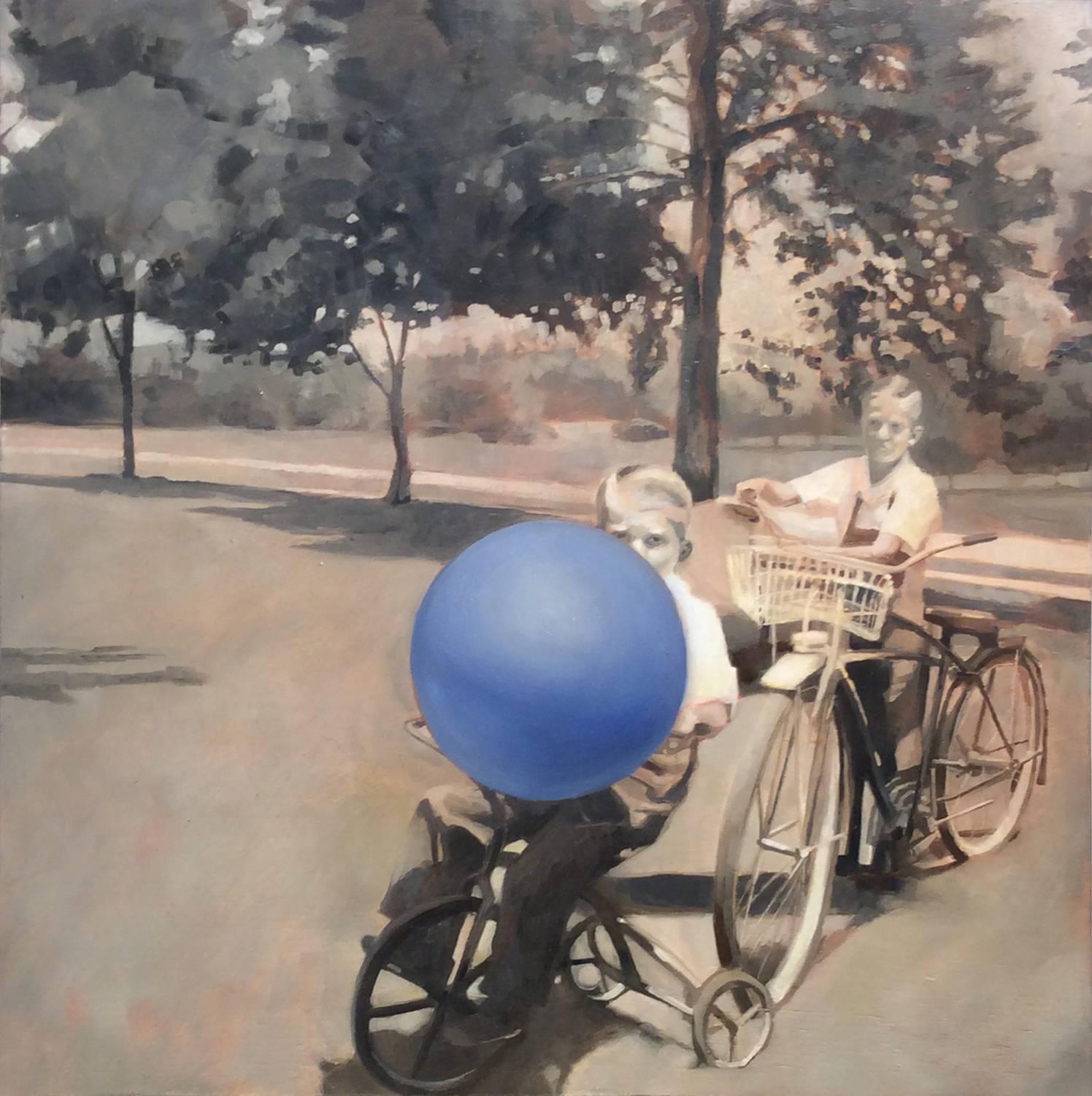 Portrait Painting Carl Grauer - Peinture à l'huile figurative aux tons sépia représentant des garçons sur des vélos avec une boule bleue
