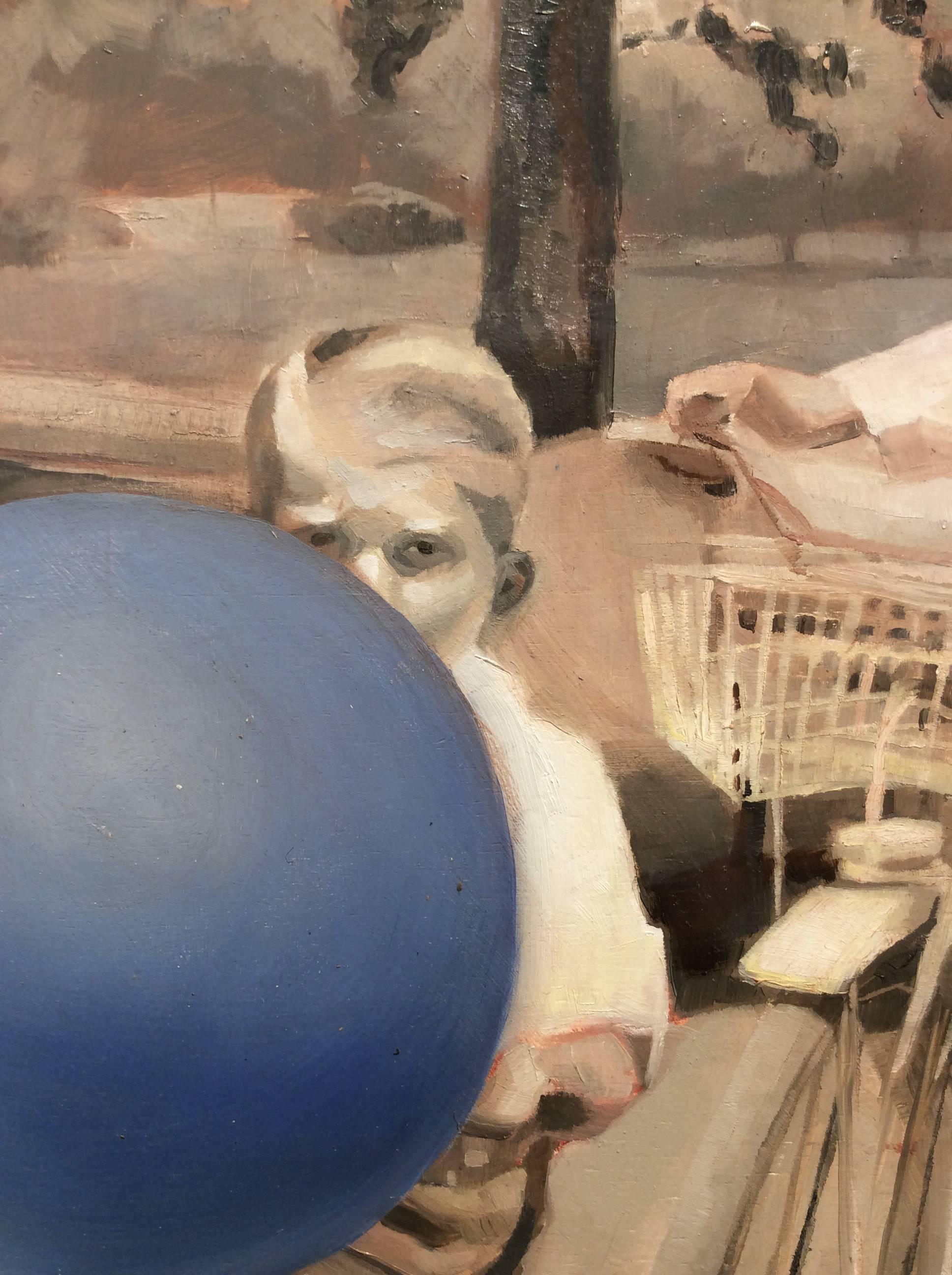 Peinture à l'huile figurative aux tons sépia représentant des garçons sur des vélos avec une boule bleue - Contemporain Painting par Carl Grauer