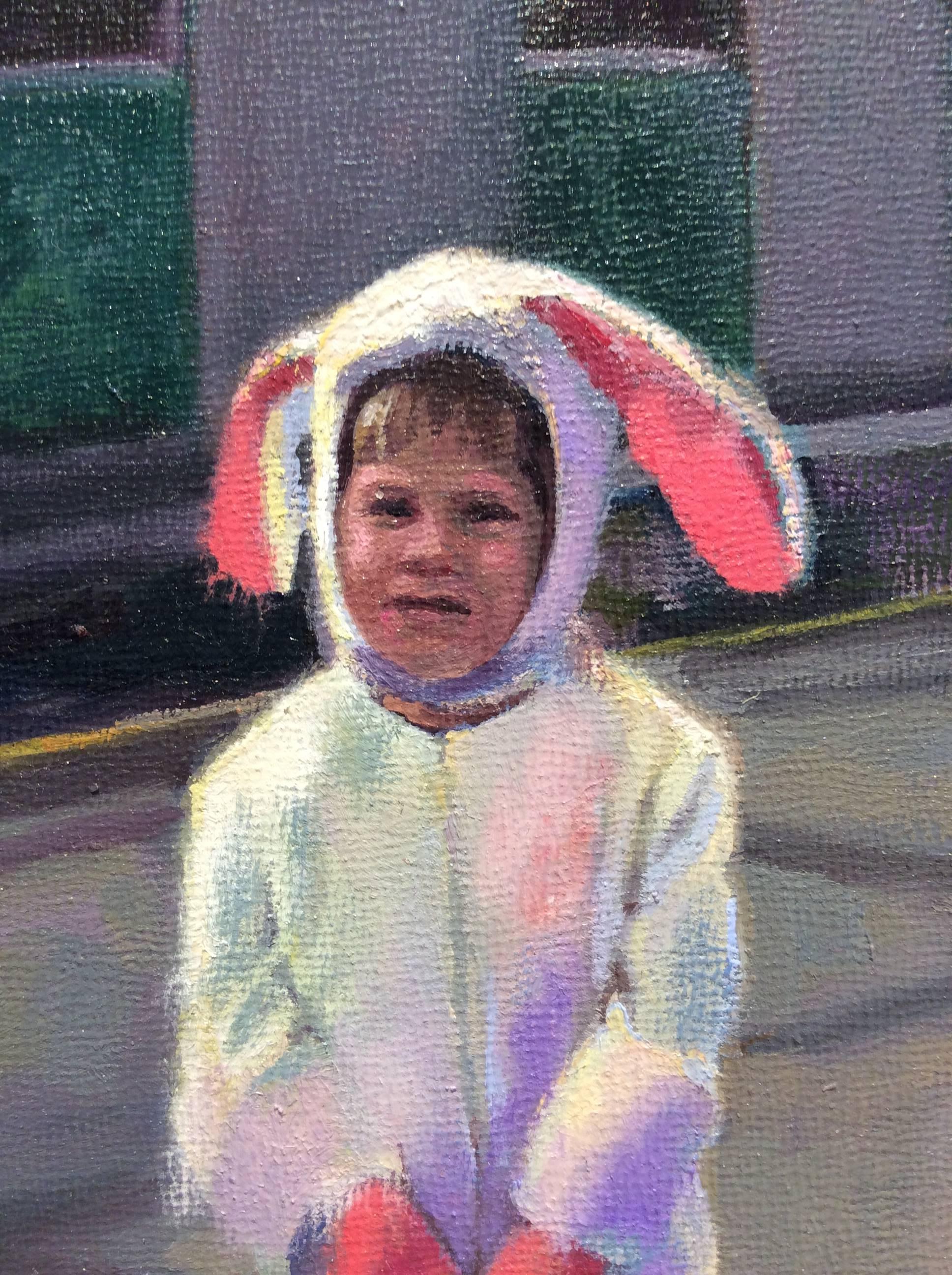 Bunny (Figurative Oil Painting of Vintage Photograph of Child in Bunny Costume) - Gray Figurative Painting by Carl Grauer