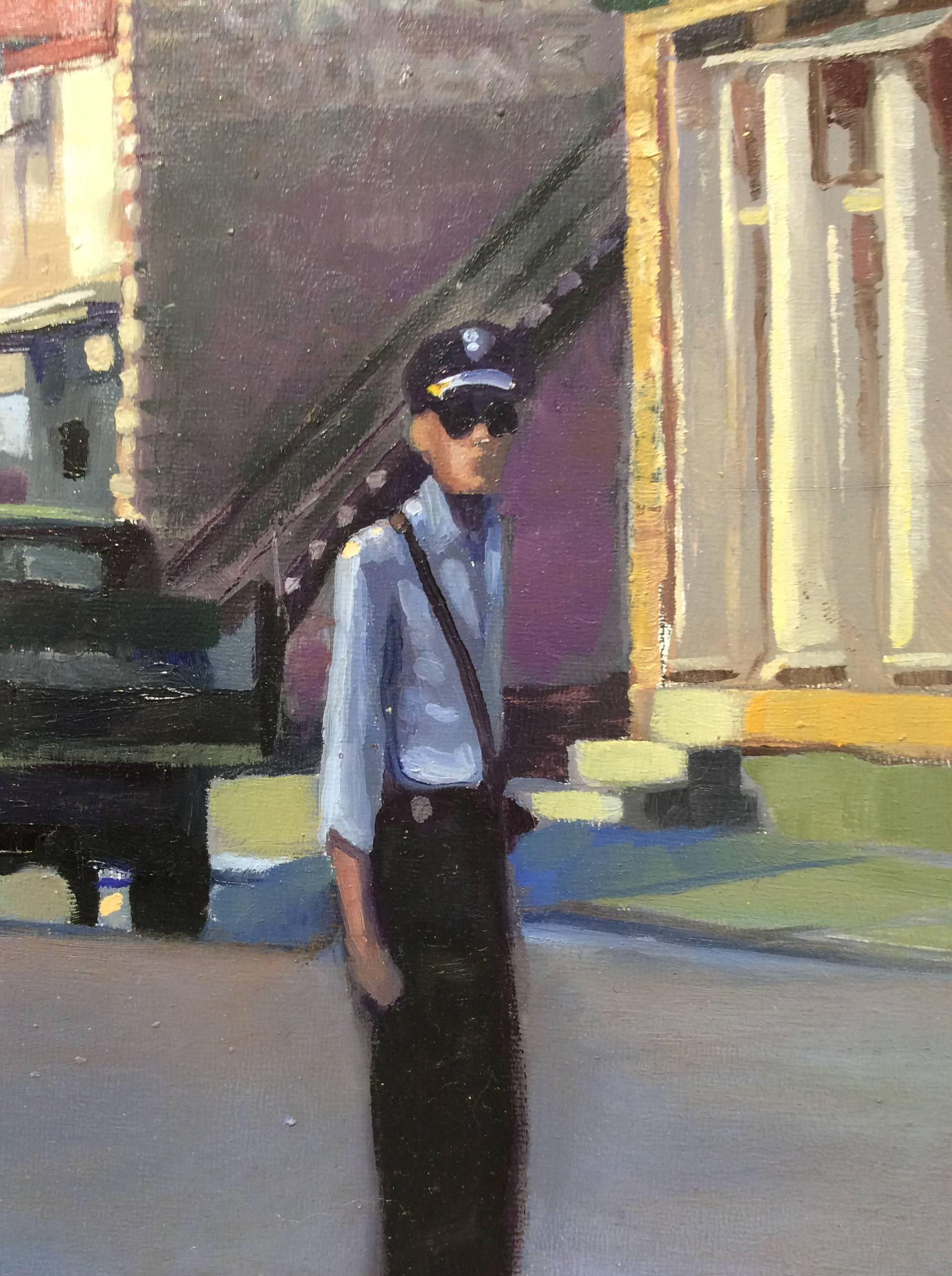 Do the Crime, Pay the Fine (Modern Cityscape Diptych of Photo of Small Town) - Gray Figurative Painting by Carl Grauer