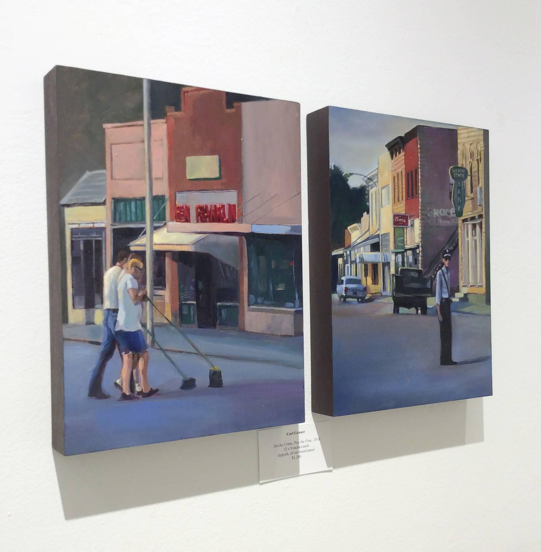 Do the Crime, Pay the Fine (Modern Cityscape Diptych of Photo of Small Town) - Contemporary Painting by Carl Grauer