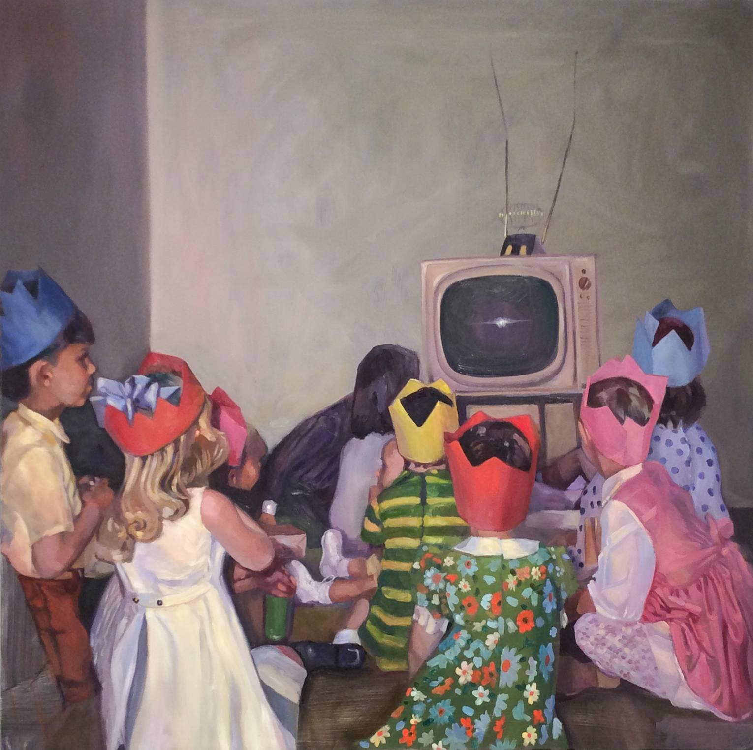 Carl Grauer Figurative Painting - TV Nation (Modern Oil Painting of Child's 1960s Party from Vintage Photo)