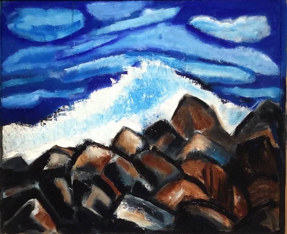 Rocks, Waves, Clouds (Seascape Painting in Antique Wooden Frame) - Brown Landscape Painting by Arthur Hammer