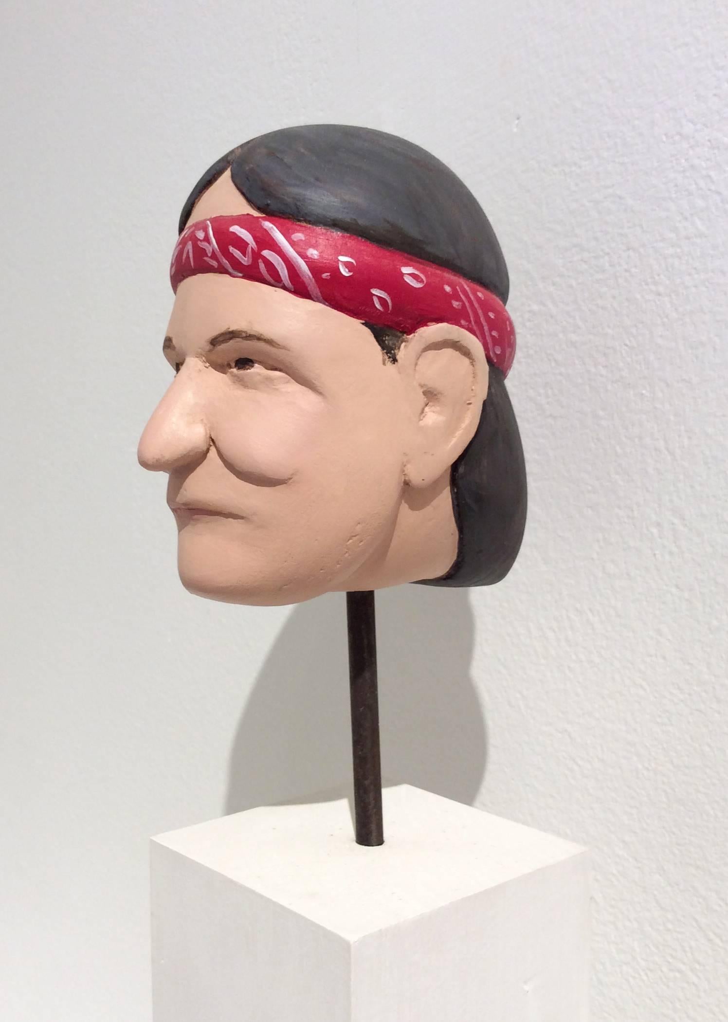 Willie Nelson (Carved Wooden bust of Willie Nelson on Pedestal w/ Red Bandanna) - Sculpture by John Cross
