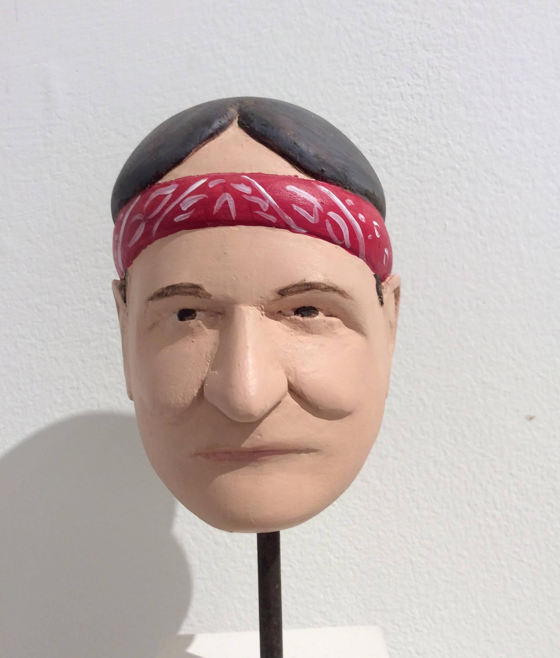 Willie Nelson (Carved Wooden bust of Willie Nelson on Pedestal w/ Red Bandanna) - Brown Figurative Sculpture by John Cross