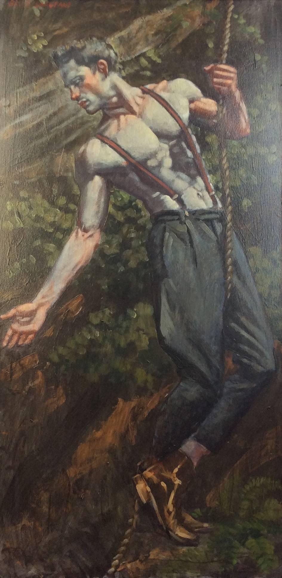 Climber (Portrait of a Male in Suspenders & Boots holding a rope in a Landscape) - Painting by Mark Beard