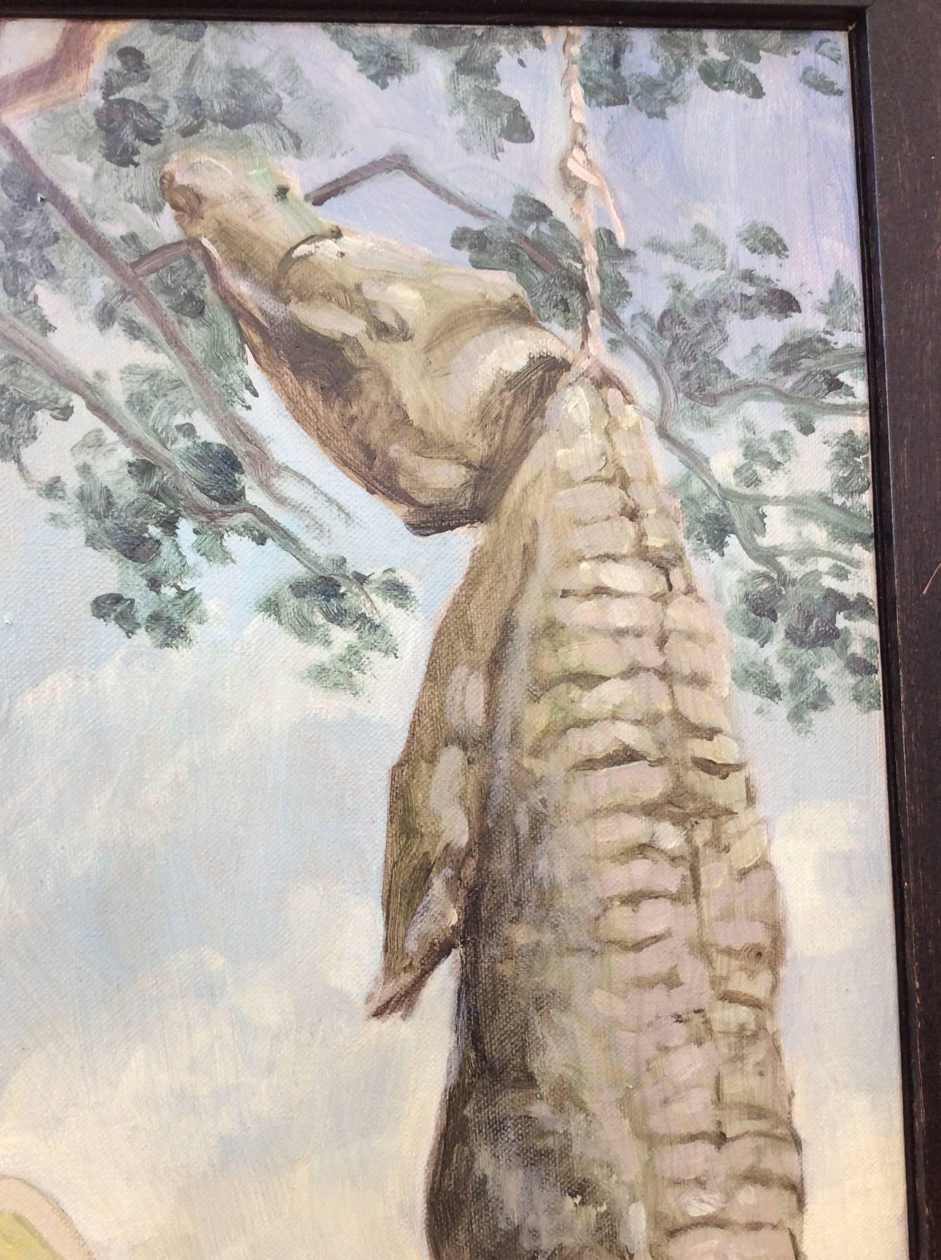 Two Men with Crocodile (Oil Painting of Standing Male Figures on Safari - Gray Figurative Painting by Mark Beard
