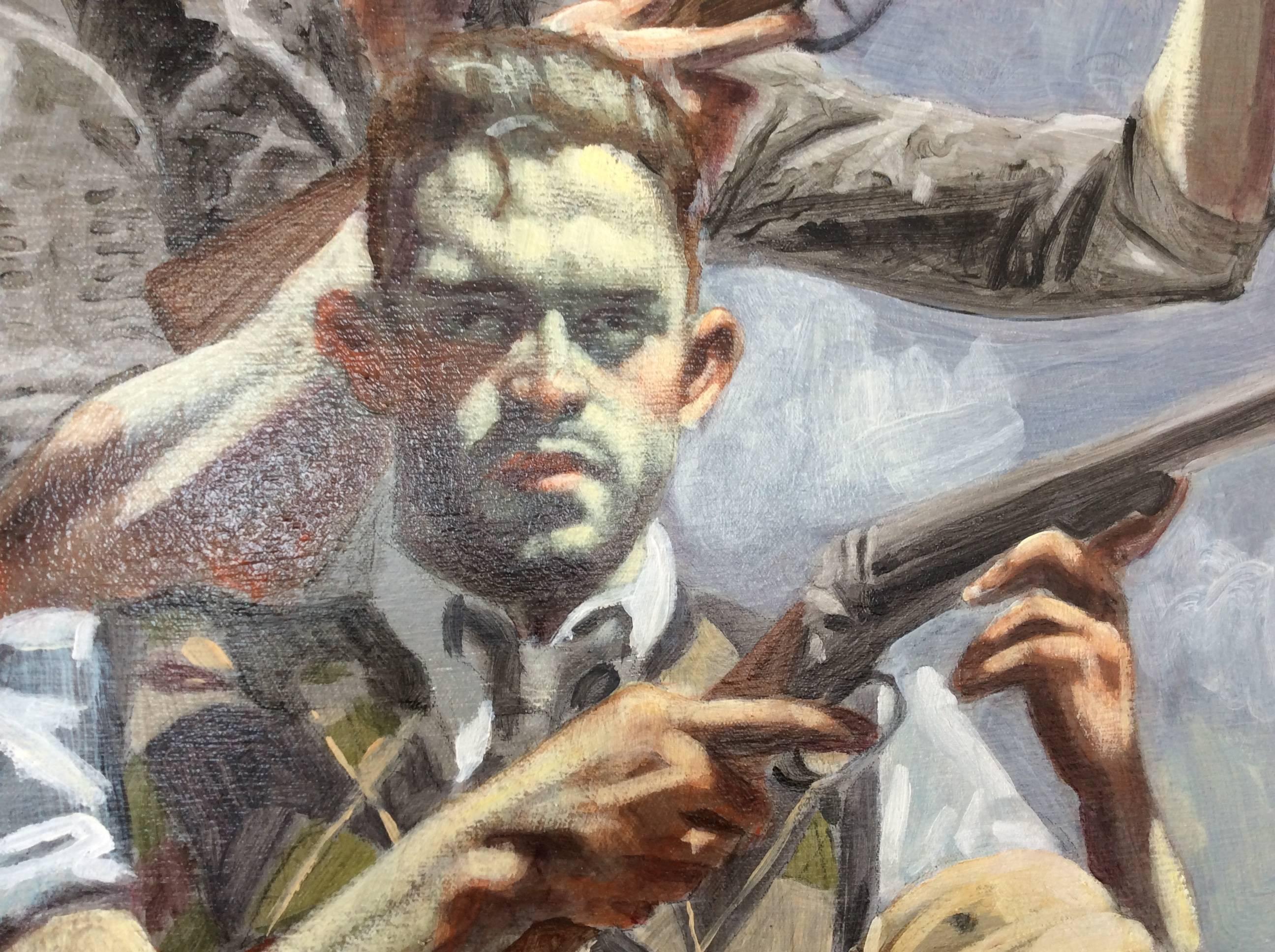 Three Men with Rifles (Contemporary Oil Painting of Three Hunters in  Landscape) 1
