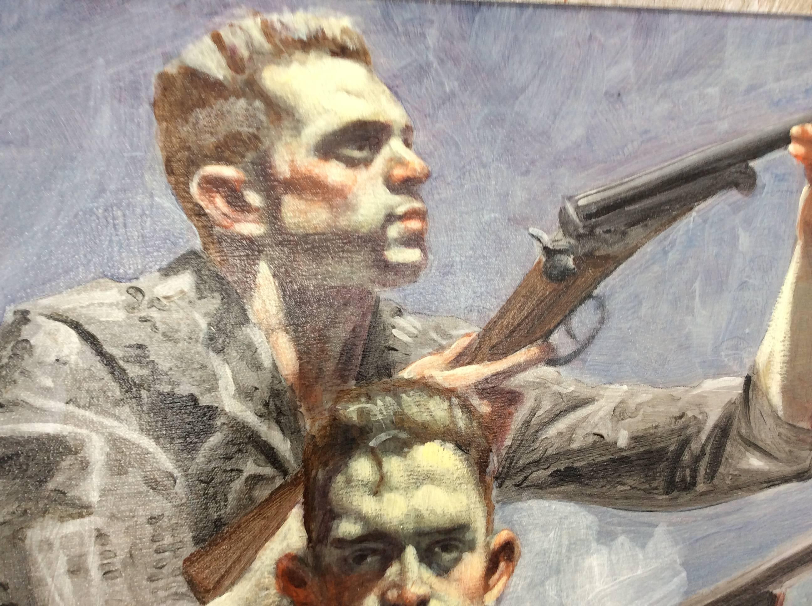 Three Men with Rifles (Contemporary Oil Painting of Three Hunters in  Landscape) 2