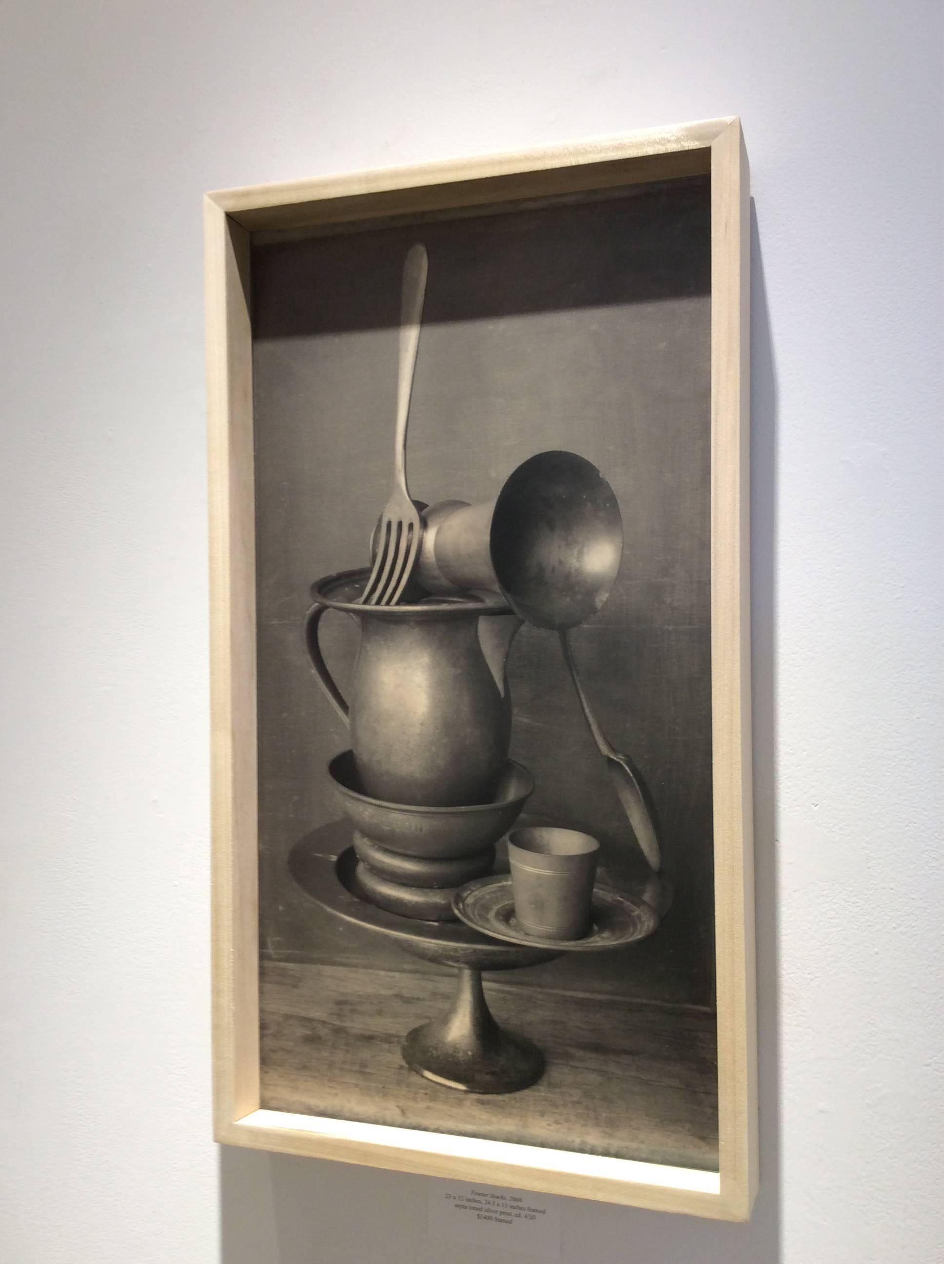 Pewter Stack (Vintage, Vertical Sepia Toned Print of Silver Pewter Dishware)  - Photograph by David Halliday