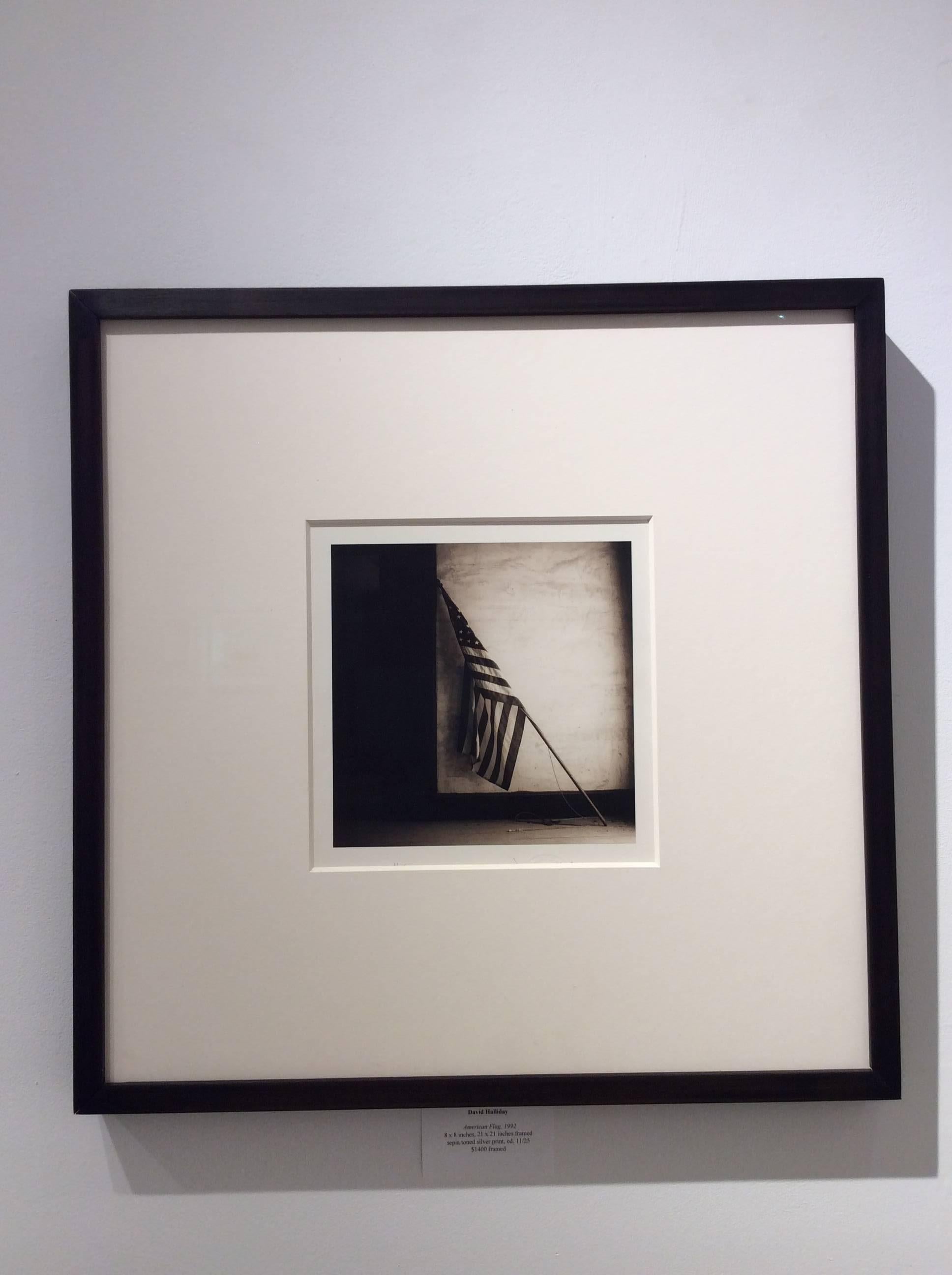 Amerikanische Flagge (Sepiafarbenes, getöntes Stillleben einer amerikanischen Flagge, die sich an die Wand lehnt) (Zeitgenössisch), Photograph, von David Halliday