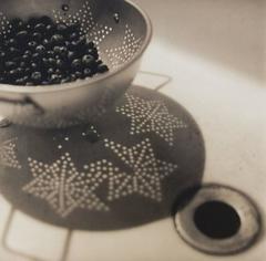 Blueberries in Colander: Square Sepia Toned, Retro Country Style Kitchen Scene