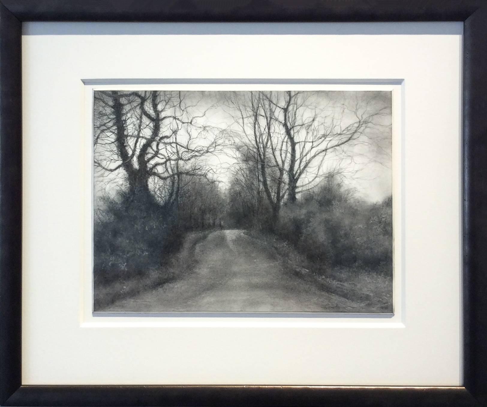 Sue Bryan Landscape Art - Rural Road 7 (Realistic Black & White Charcoal Drawing of Country Road & Trees)