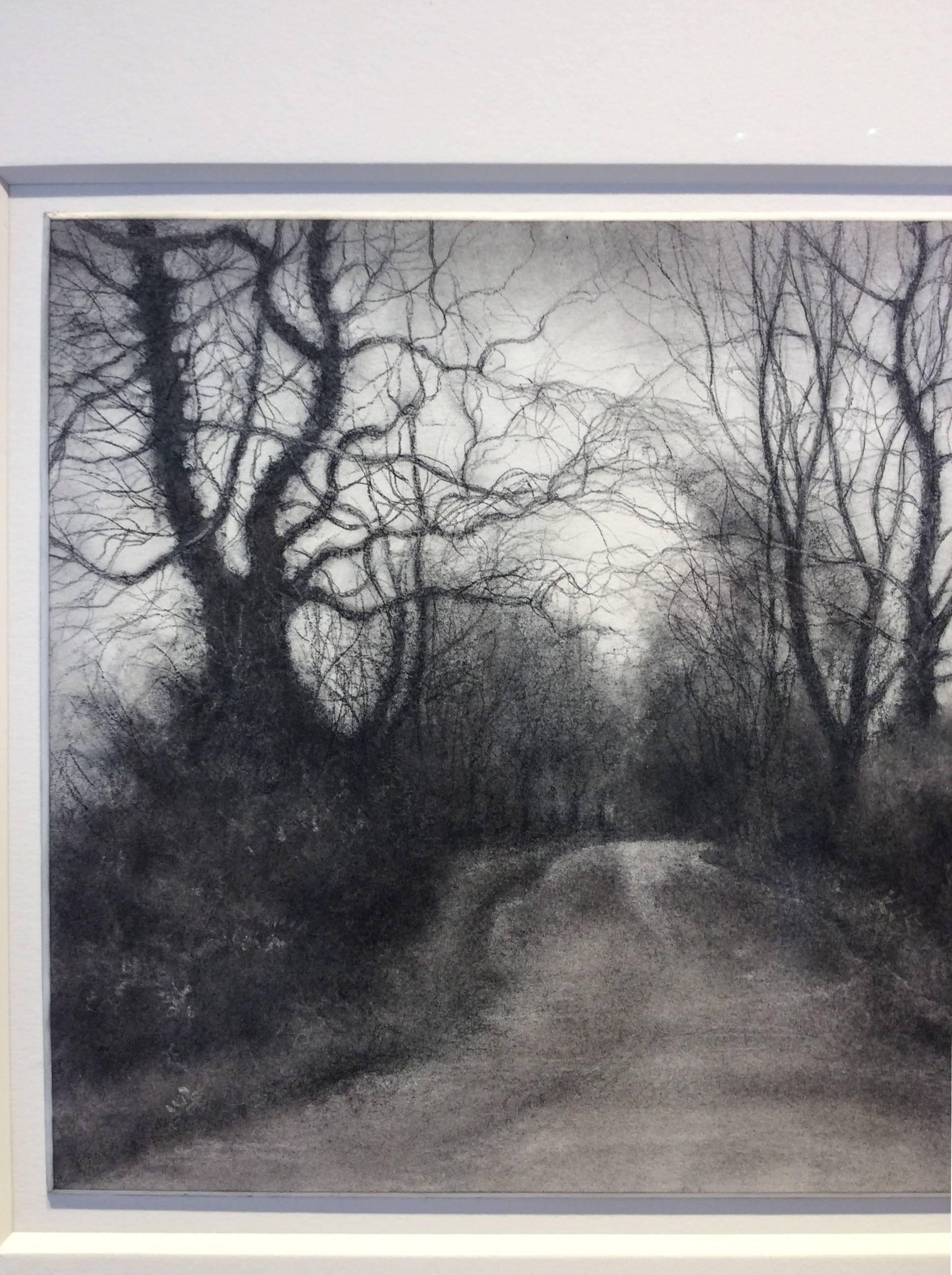 Rural Road 7 (Realistic Black & White Charcoal Drawing of Country Road & Trees) - Modern Art by Sue Bryan