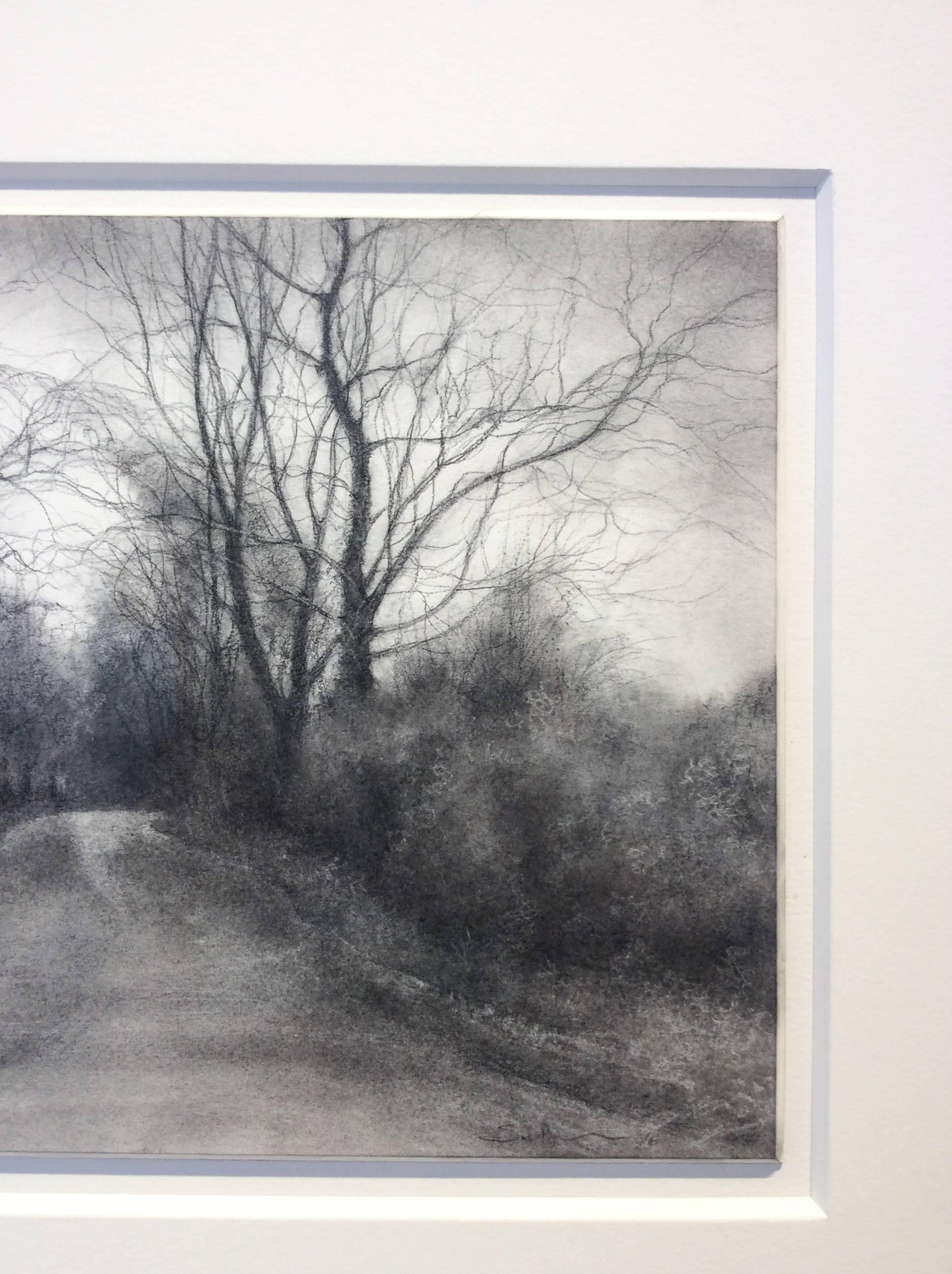 Rural Road 7 (Realistic Black & White Charcoal Drawing of Country Road & Trees) - Gray Landscape Art by Sue Bryan