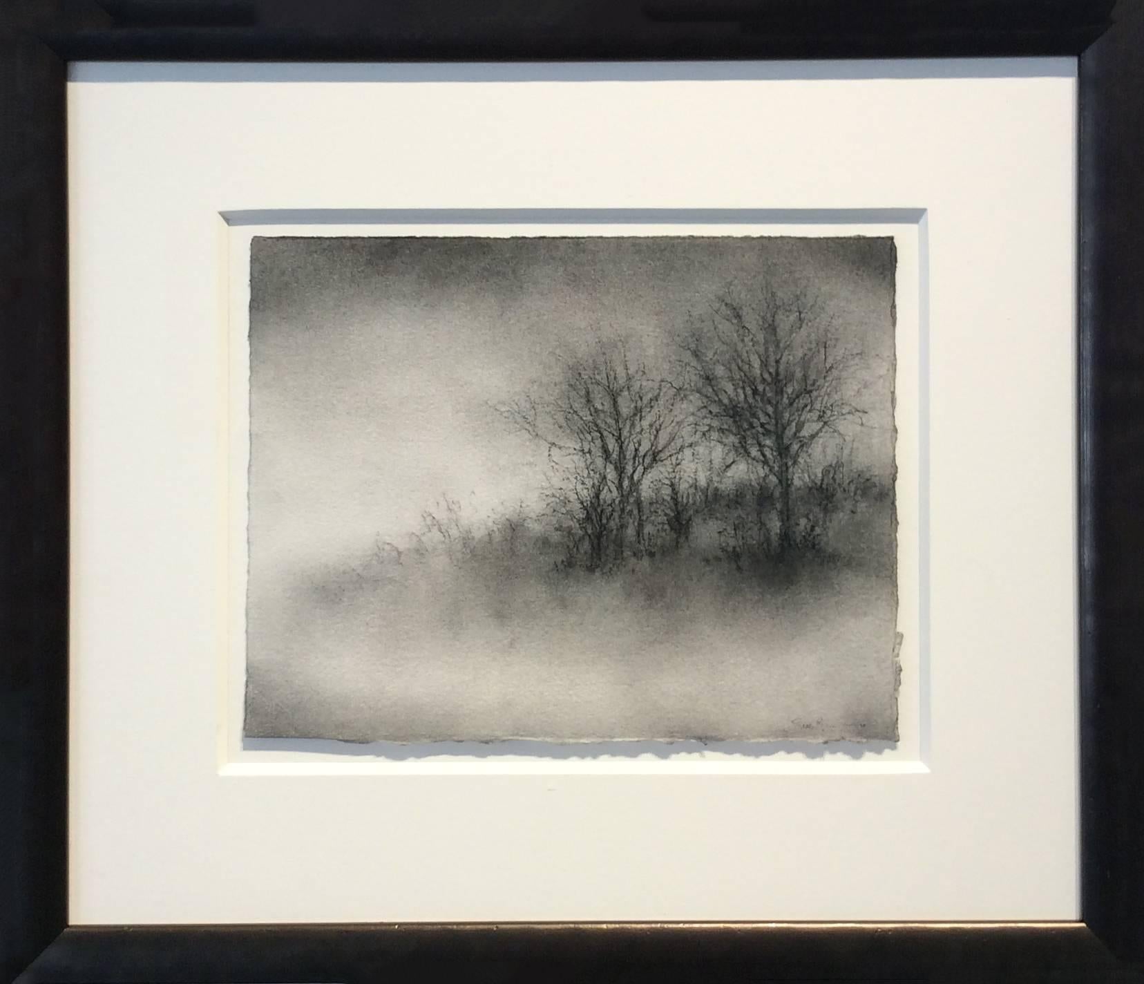Sue Bryan Landscape Art - Winter Trees (Realistic, Modern Black & White Charcoal Drawing of Two Trees)