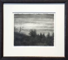 Winter View 2, Hudson: Black & White Charcoal and Green Pastel Drawing of Forest