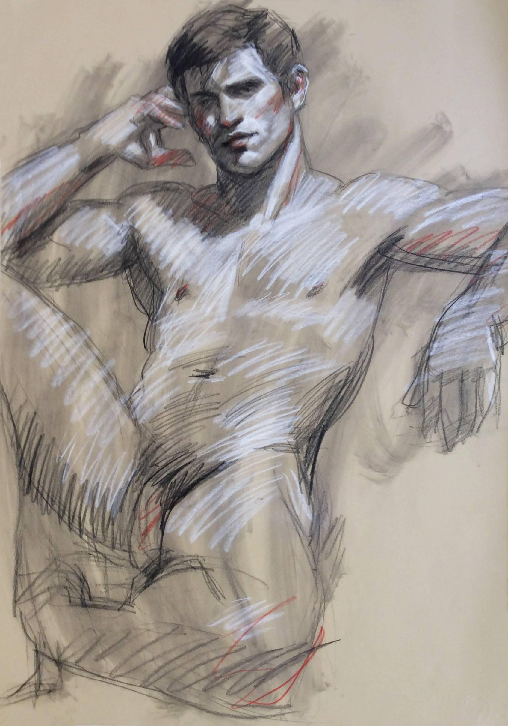 Mark Beard Figurative Art - MB 814 B (Contemporary Reclining Male Nude Figurative Drawing on Paper)