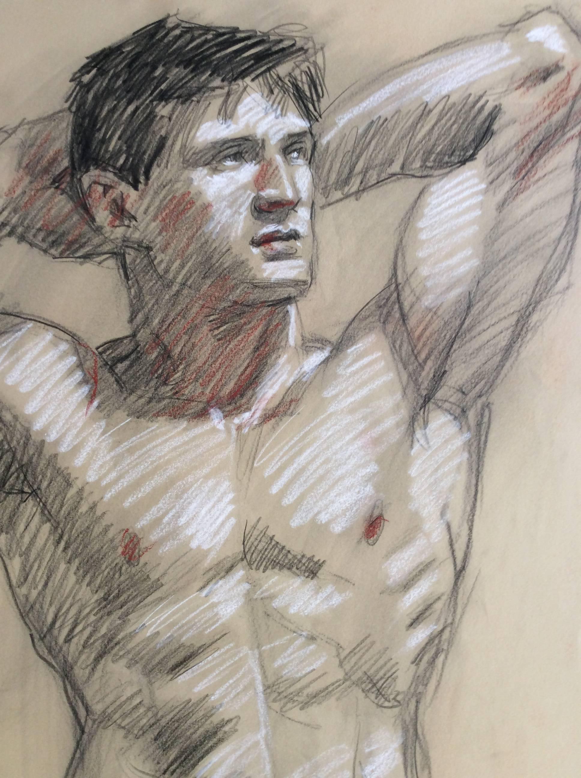 Motif figuratif masculin contemporain d'un nu, fusain sur papier MB 821 A - Art de Mark Beard